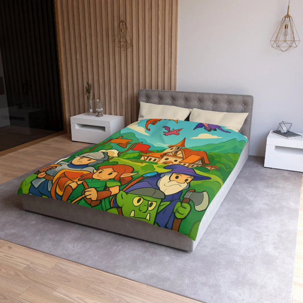 Housse de couette aventure médiévale avec dragons, chevalier, elfe, sorcier et troll
