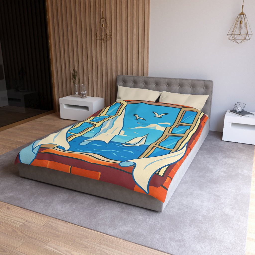 Housse de couette paysage marin fenêtre ouverte, voilier et ciel bleu serein