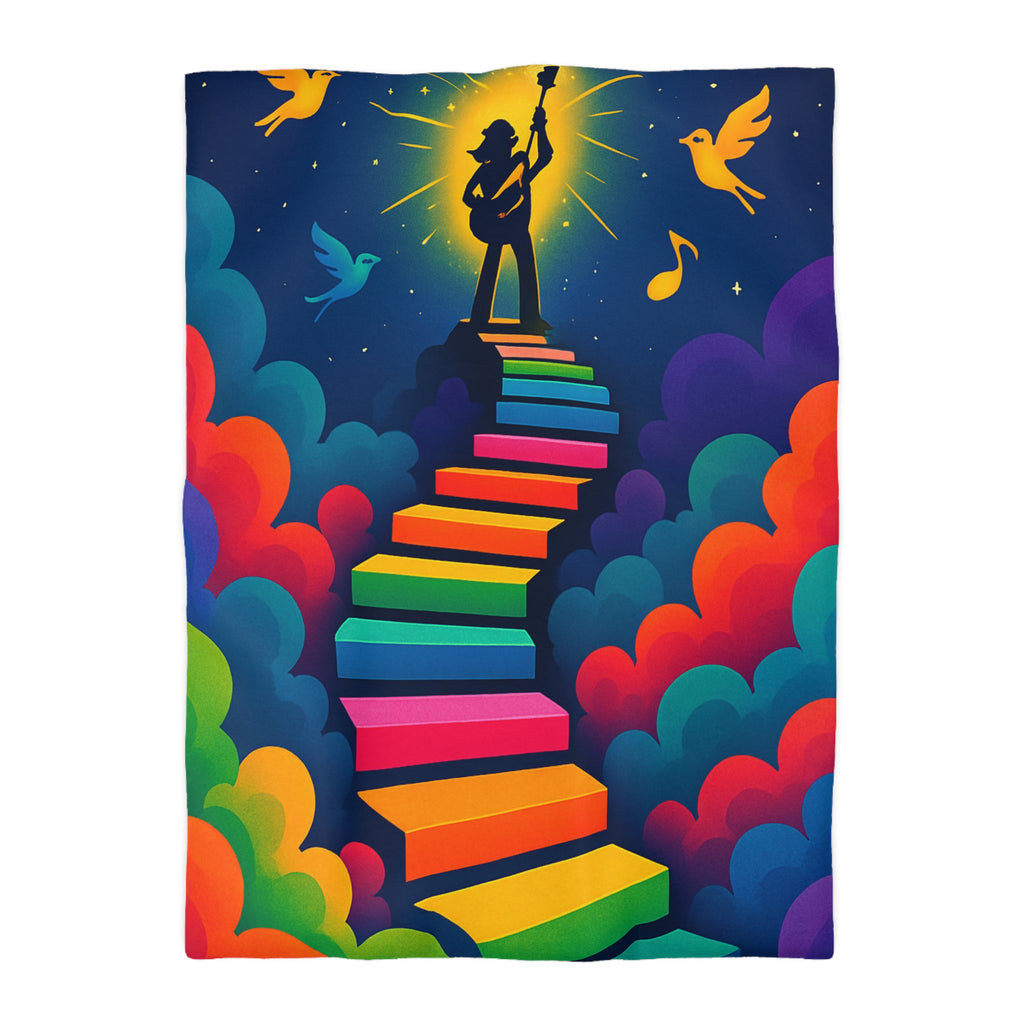 Housse de Couette Rêve d'Escalier Arc-en-Ciel avec Musicien et Oiseaux Colorés