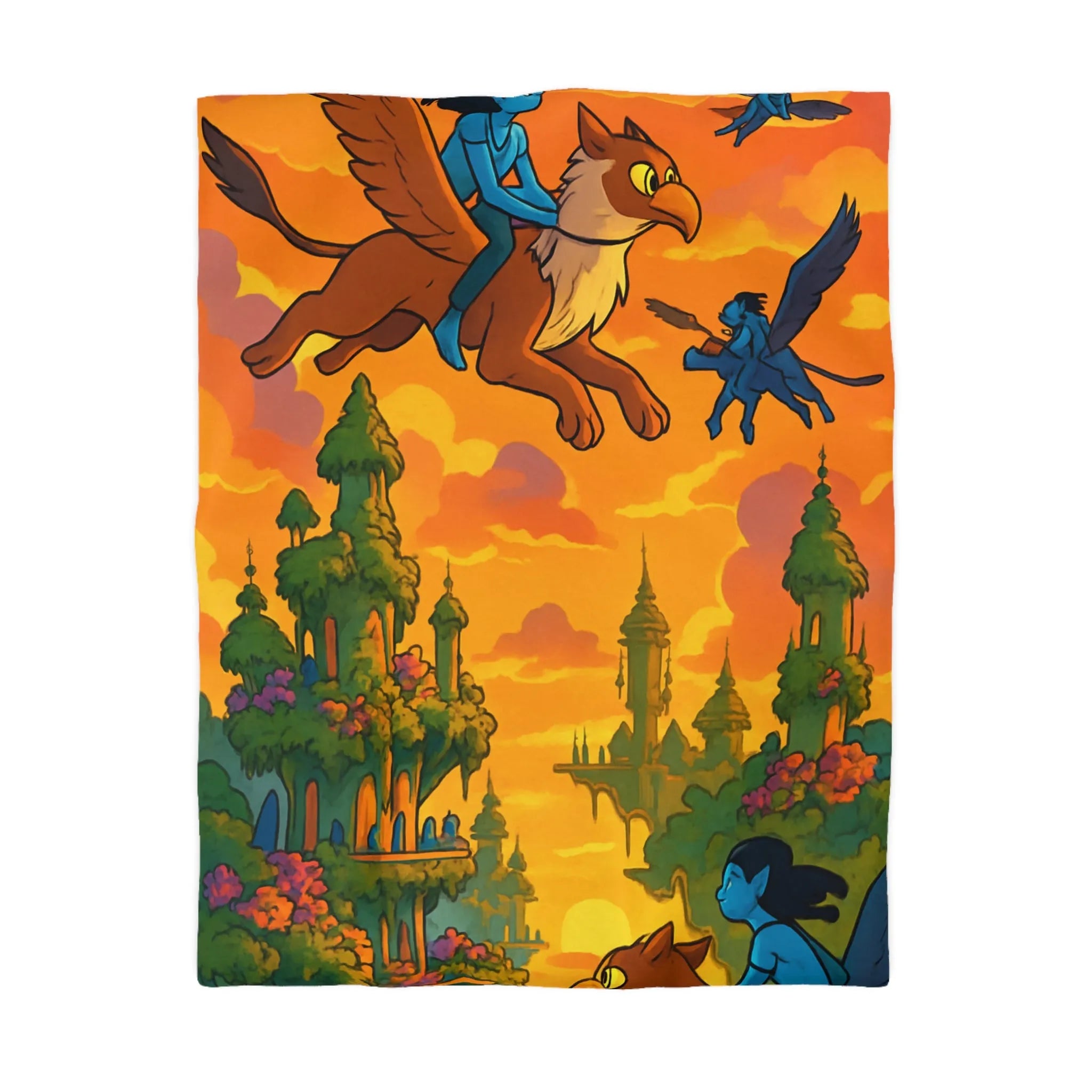 Housse de couette magique avec créatures volantes et paysage fantastique au coucher du soleil