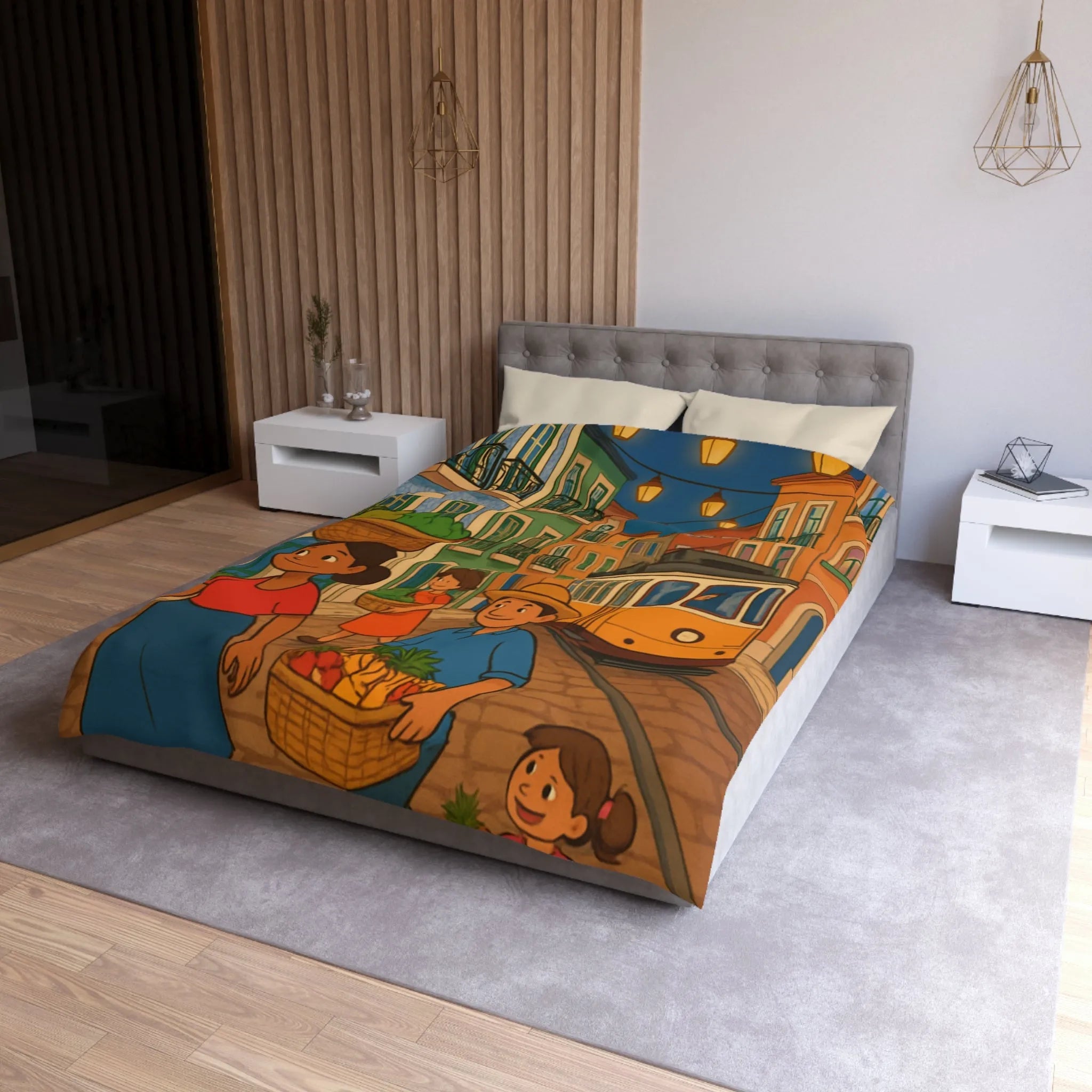 Housse de Couette Colorée Illustrant Scène Vibrante de Rue avec Tramway et Marché