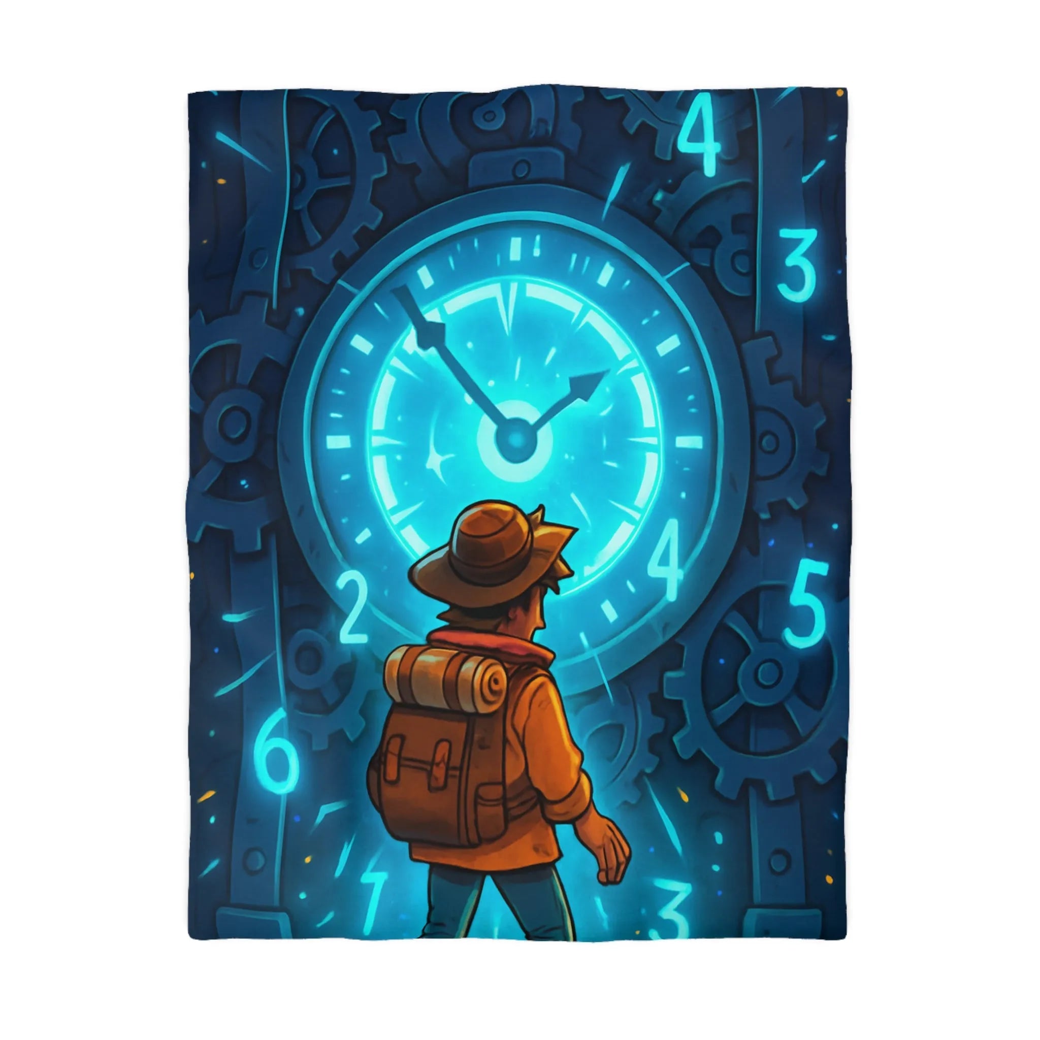 Housse de Couette Aventure Énigmatique Horloger Voyageur avec Éclairage Bleu Futuriste
