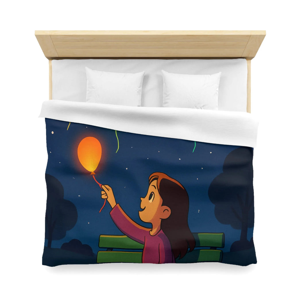 Housse de couette colorée avec ballons lumineux flottant dans un ciel étoilé magique