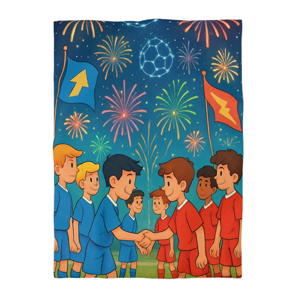 Housse de couette colorée inspirée du football avec feux d'artifice et équipe en action