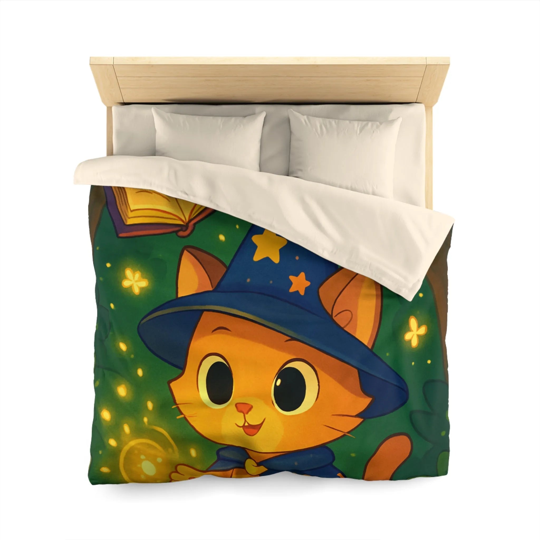 Housse de couette magique pour enfants avec chaton sorcier et forêt enchantée
