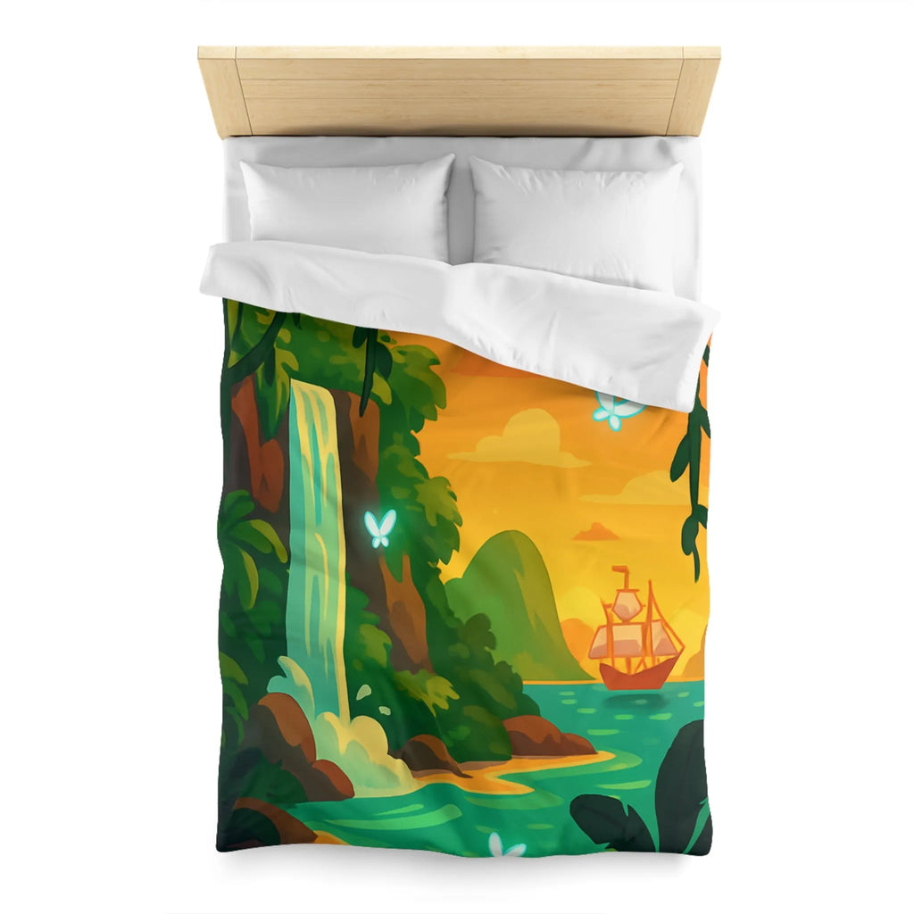 Housse de couette exotique avec cascade, papillons lumineux et bateau au coucher du soleil