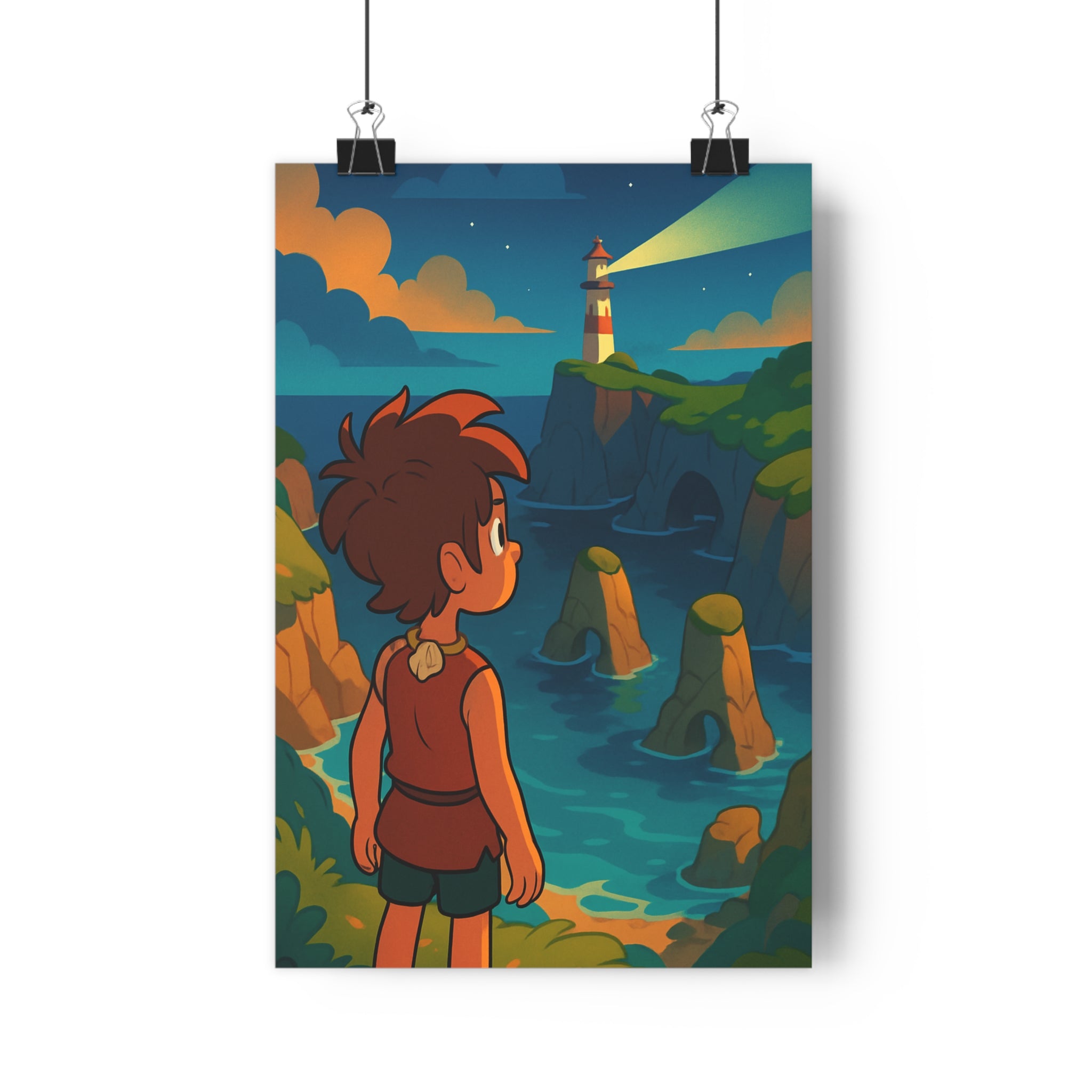 Poster décoratif dessin animé bleu vert orange mystique aventure côtes paysage mural chambre salon