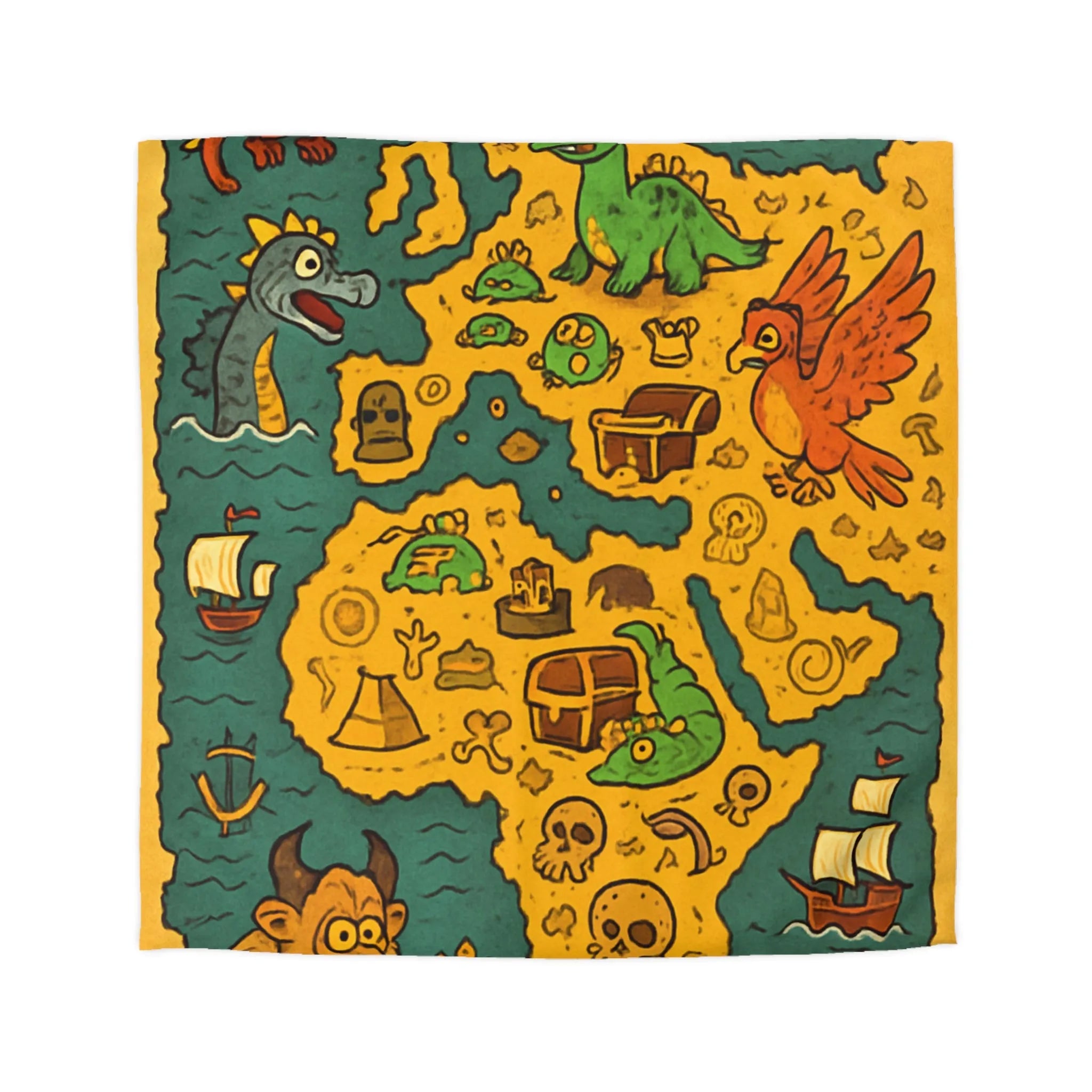 Housse de couette carte imaginaire avec dragons, dinosaures et trésors pour enfants aventuriers