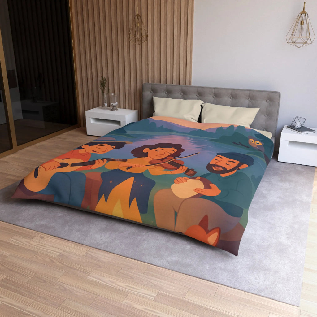 Housse de Couette avec Musiciens et Animaux Près du Feu de Camp au Crépuscule