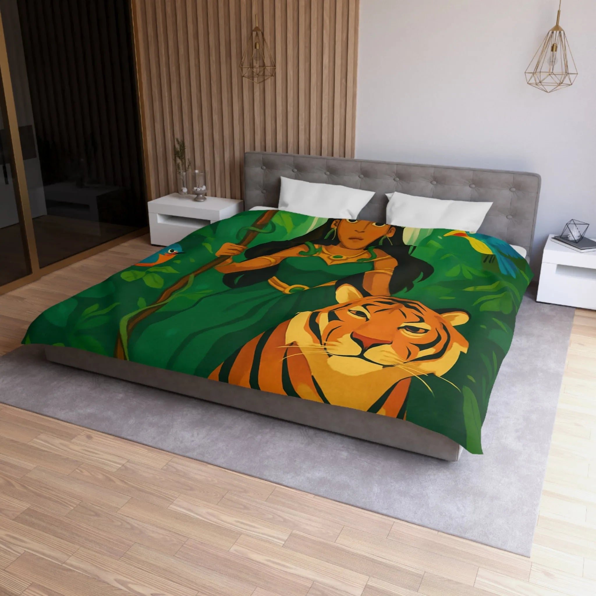 Housse de couette exotique avec tigre royal et gardienne mystique en forêt luxuriante