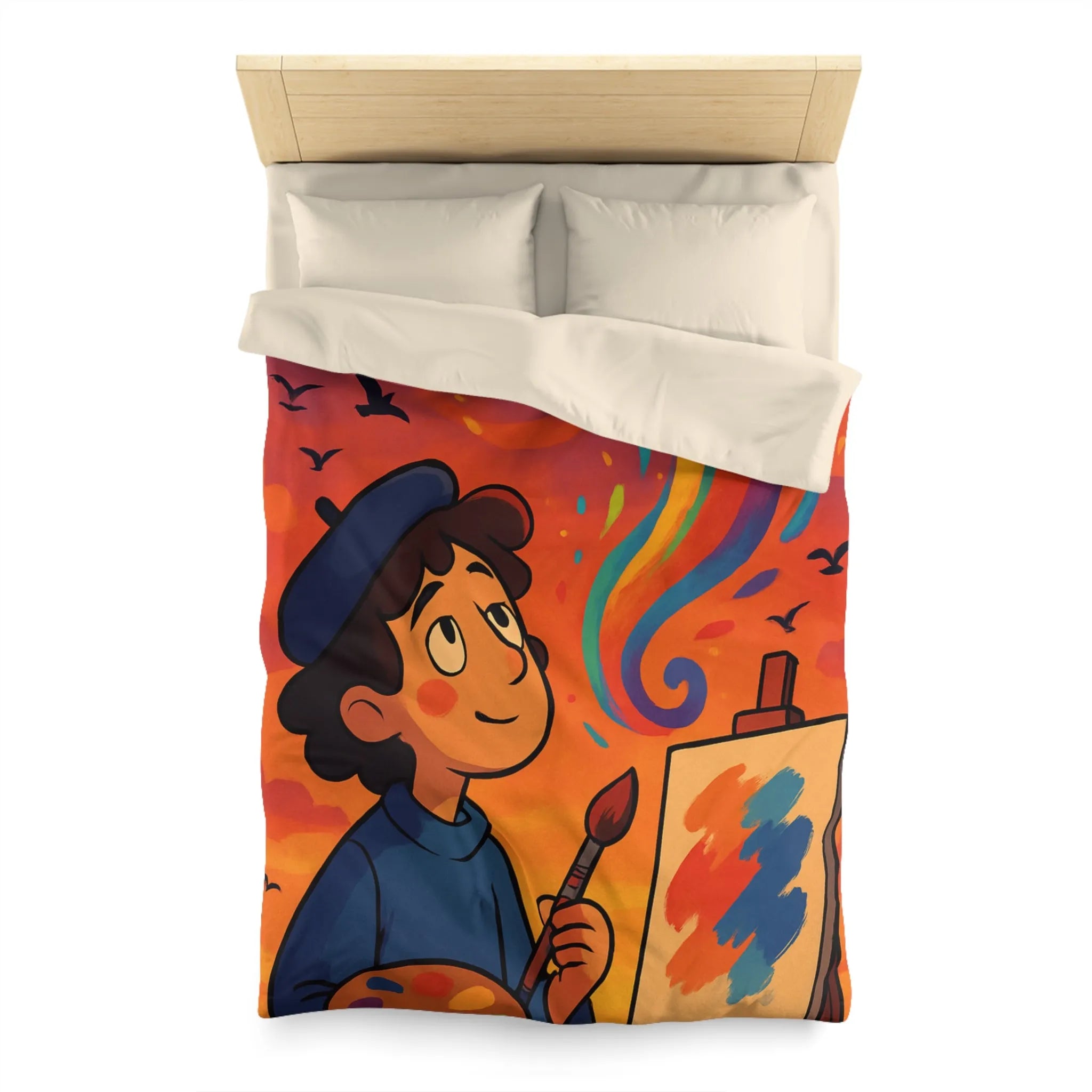 Housse de couette colorée avec artiste rêveur peignant sous ciel vibrant au crépuscule