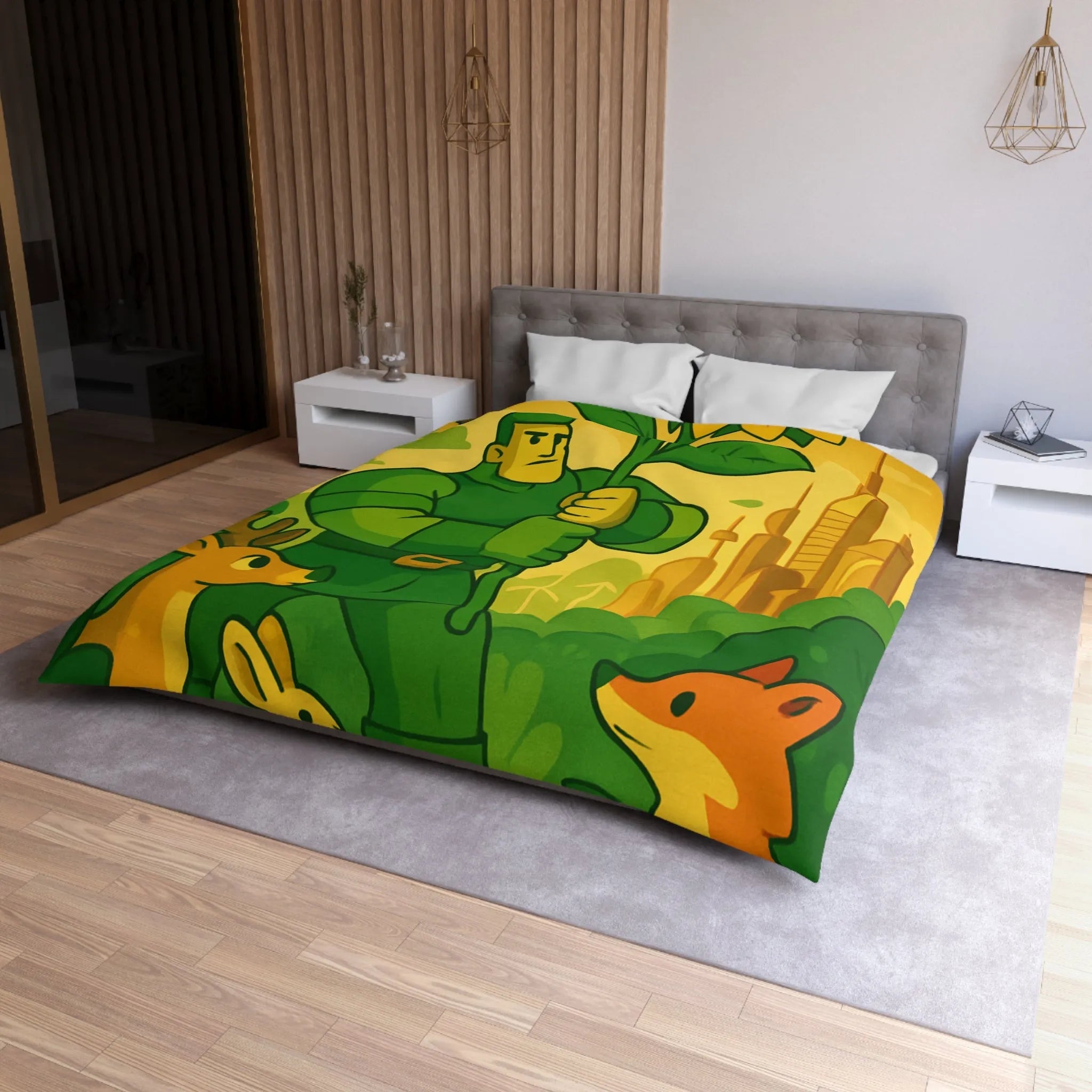 Housse de couette avec illustration végétale et animaux dans une ambiance futuriste naturelle