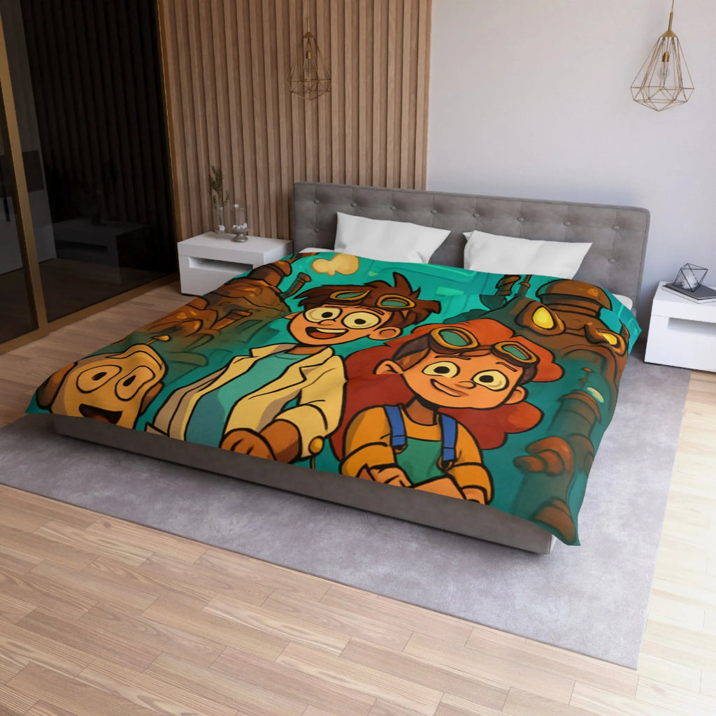 Exploration robotique en atelier steampunk coloré avec jeunes inventeurs et machines futuristes