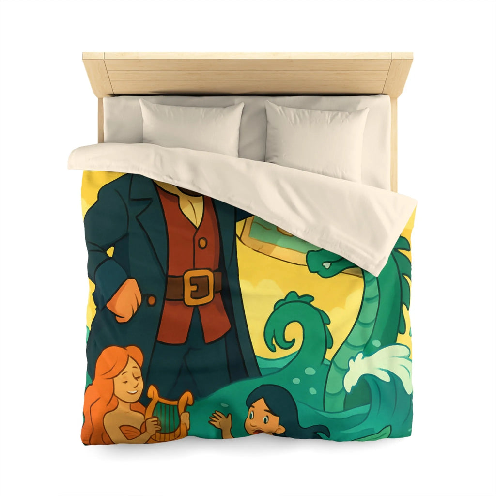 Housse de couette illustrée pirate avec carte, sirènes et monstre marin ludique