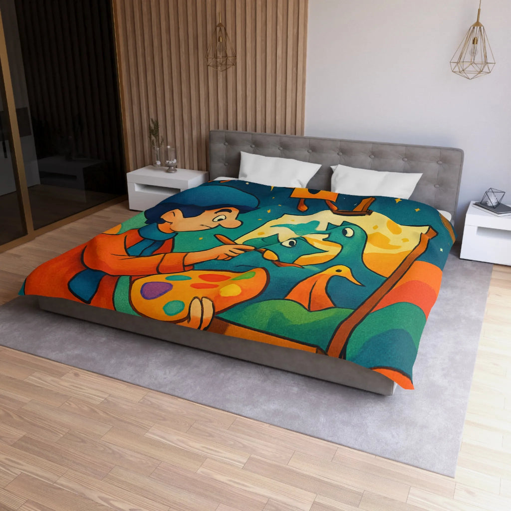 Housse de couette artistique colorée avec peintre et créatures fantaisistes en arrière-plan étoilé