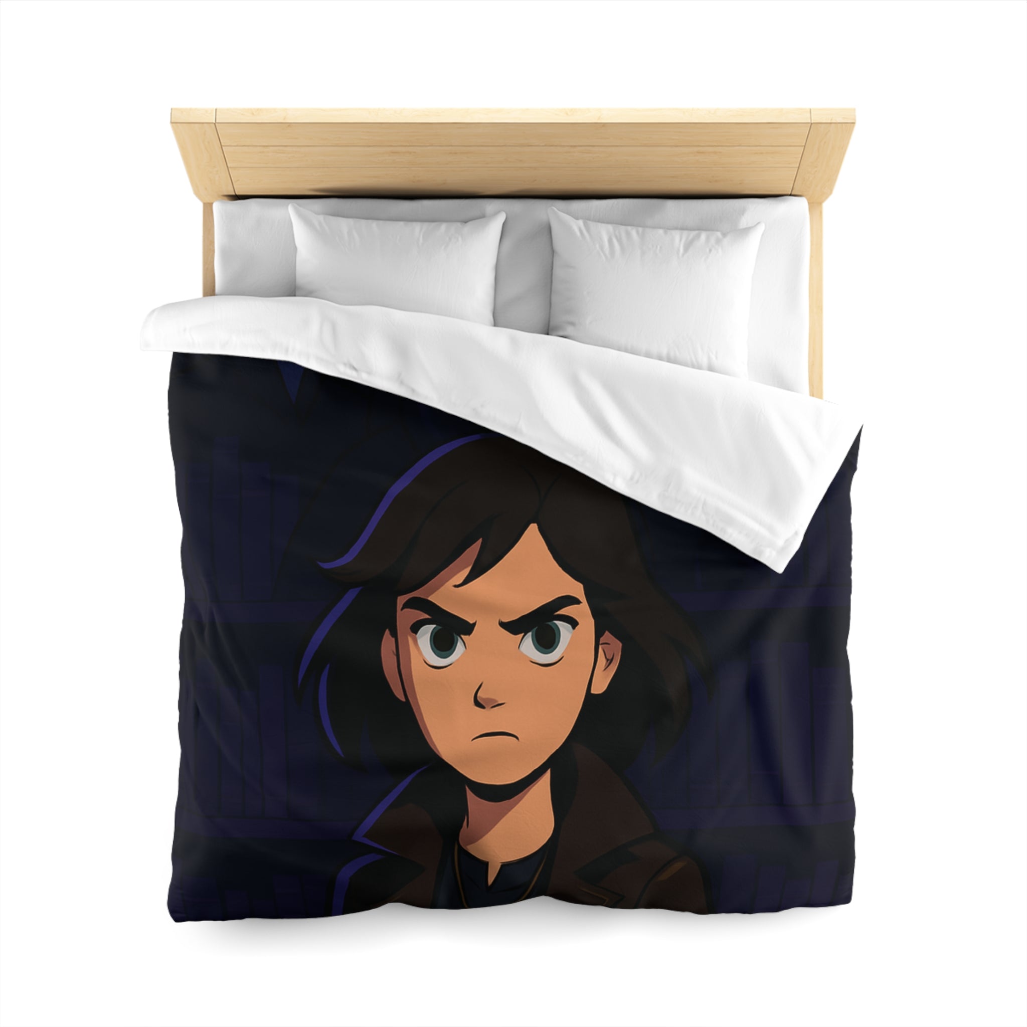 Housse de couette mystérieuse avec personnage sombre et biblio-thème style graphique