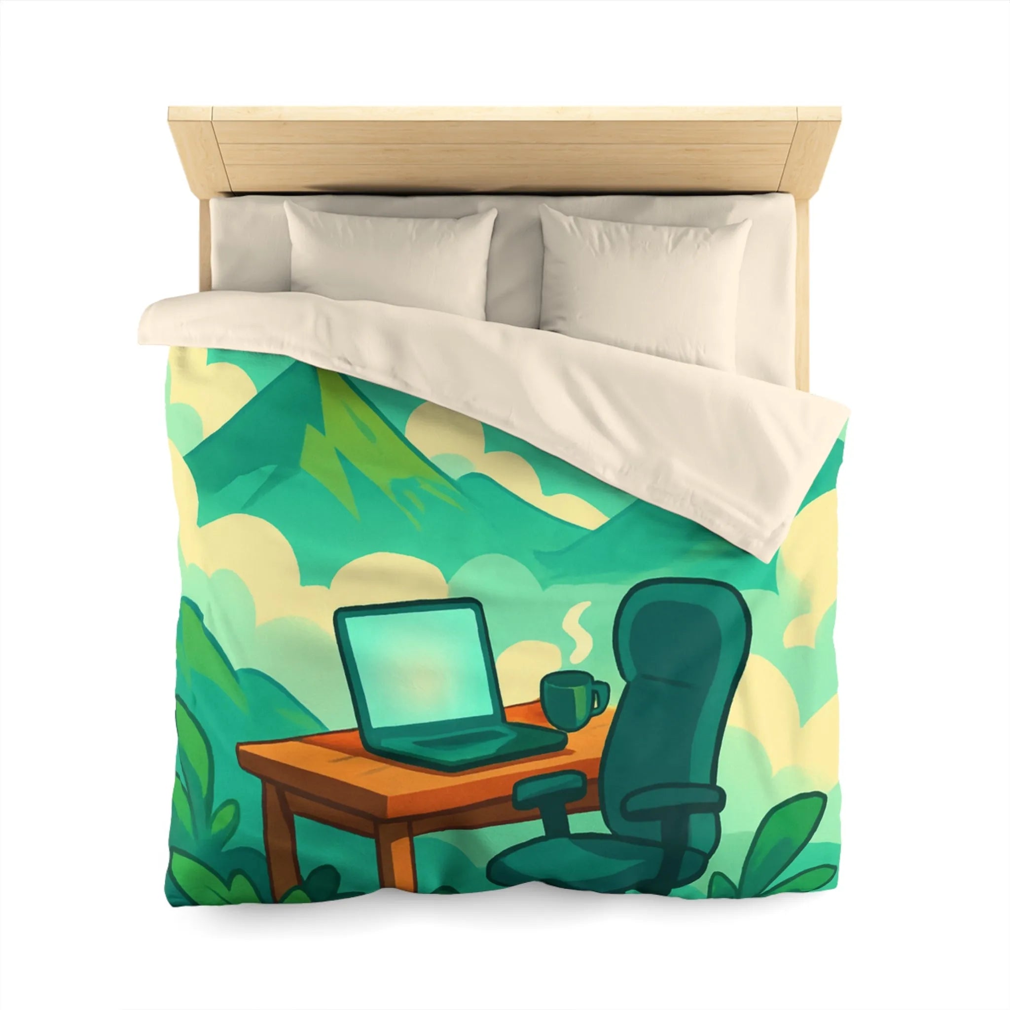 Housse de couette avec paysage de montagne, nature verdoyante, bureau et ciel serein