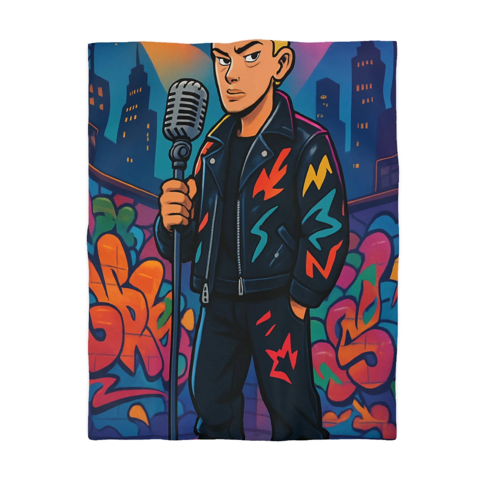 Housse de couette colorée graffiti style urbain avec chanteur devant micro rétro