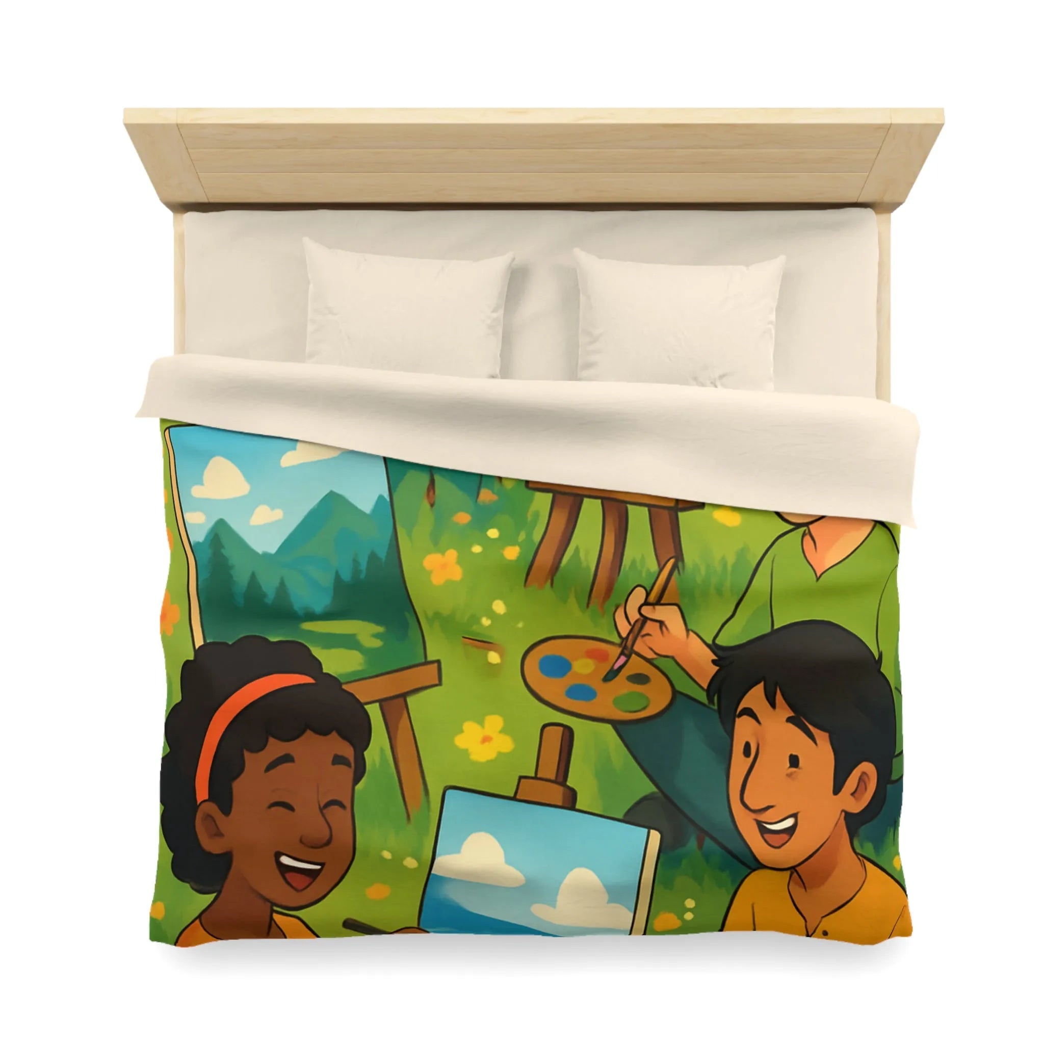 Housse de couette décorative avec enfants peignant dans champ fleuri en plein air
