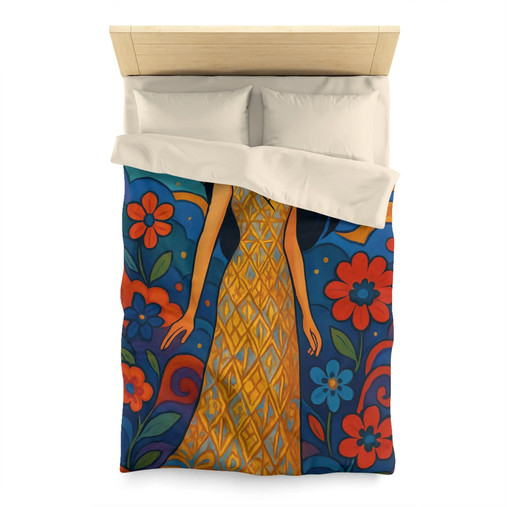 Housse de couette artistique avec motif floral vibrant et silhouette élégante féminine