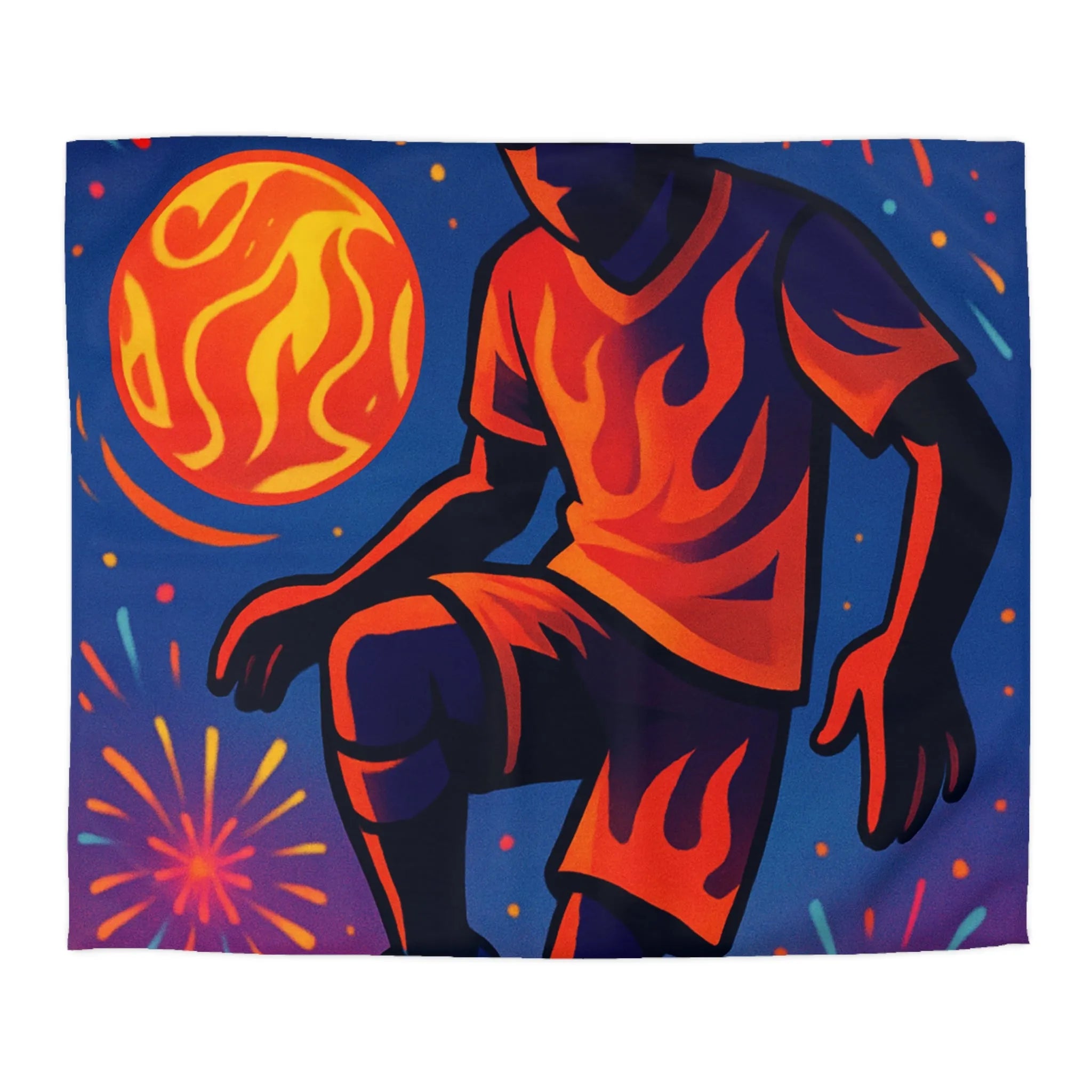 "Housse de Couette avec Joueur de Football en Feu et Feux d’Artifice Colorés"