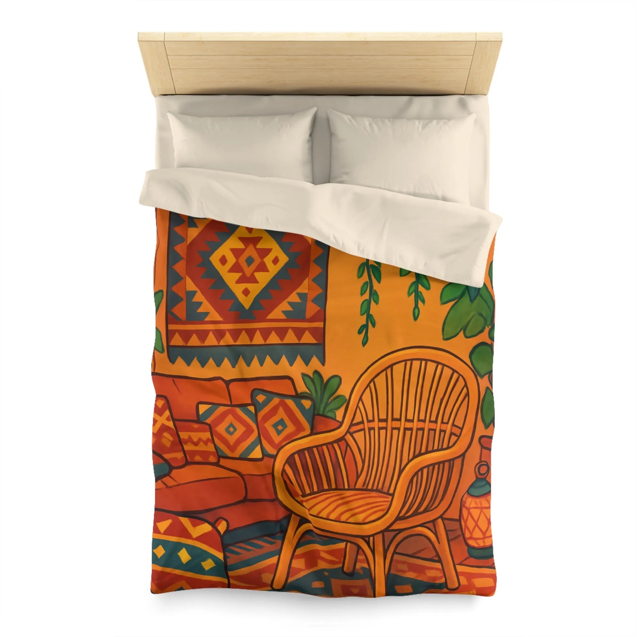 Housse de Couette aux Motifs Géométriques Bohèmes avec Tons Oranges et Bleus Éclatants