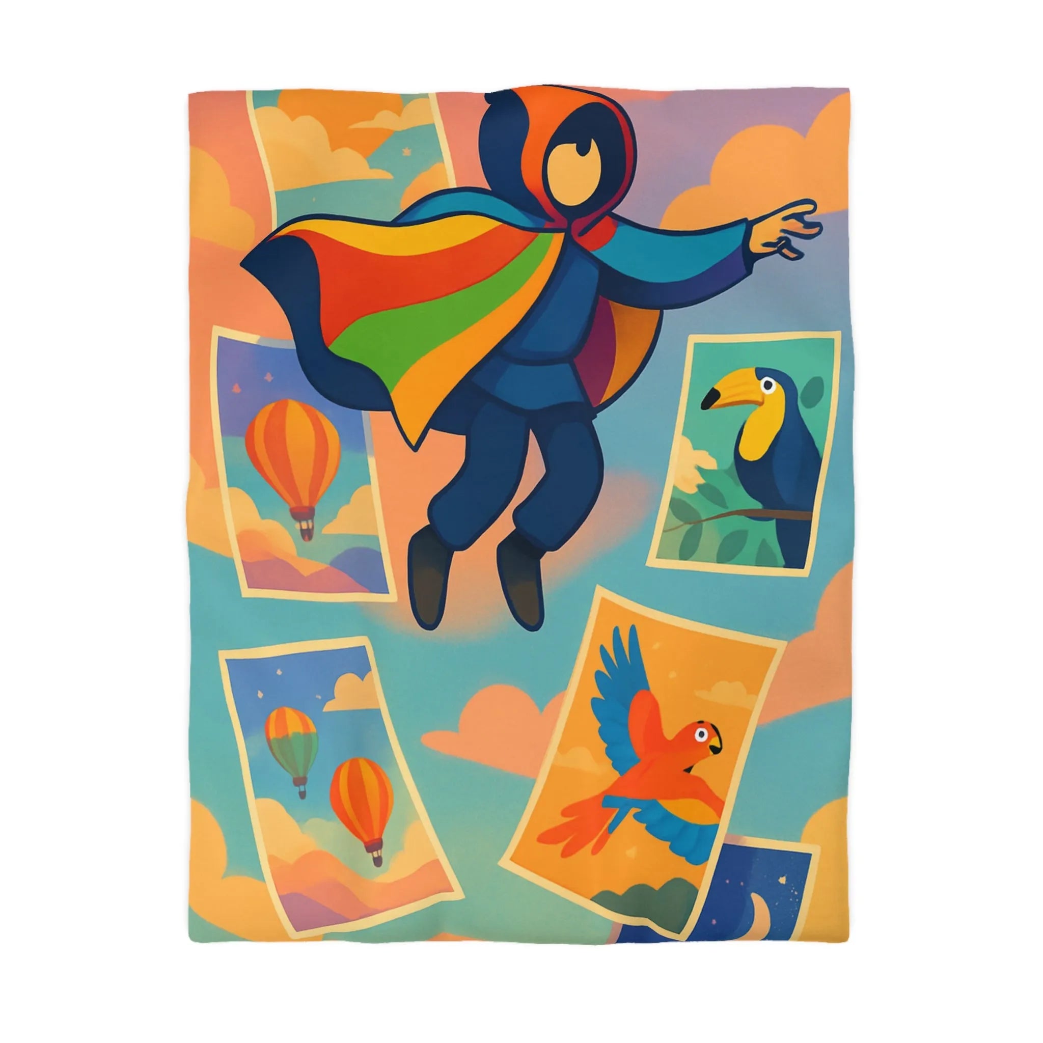 Housse de couette colorée avec motifs d'aventure de montgolfières et oiseaux exotiques