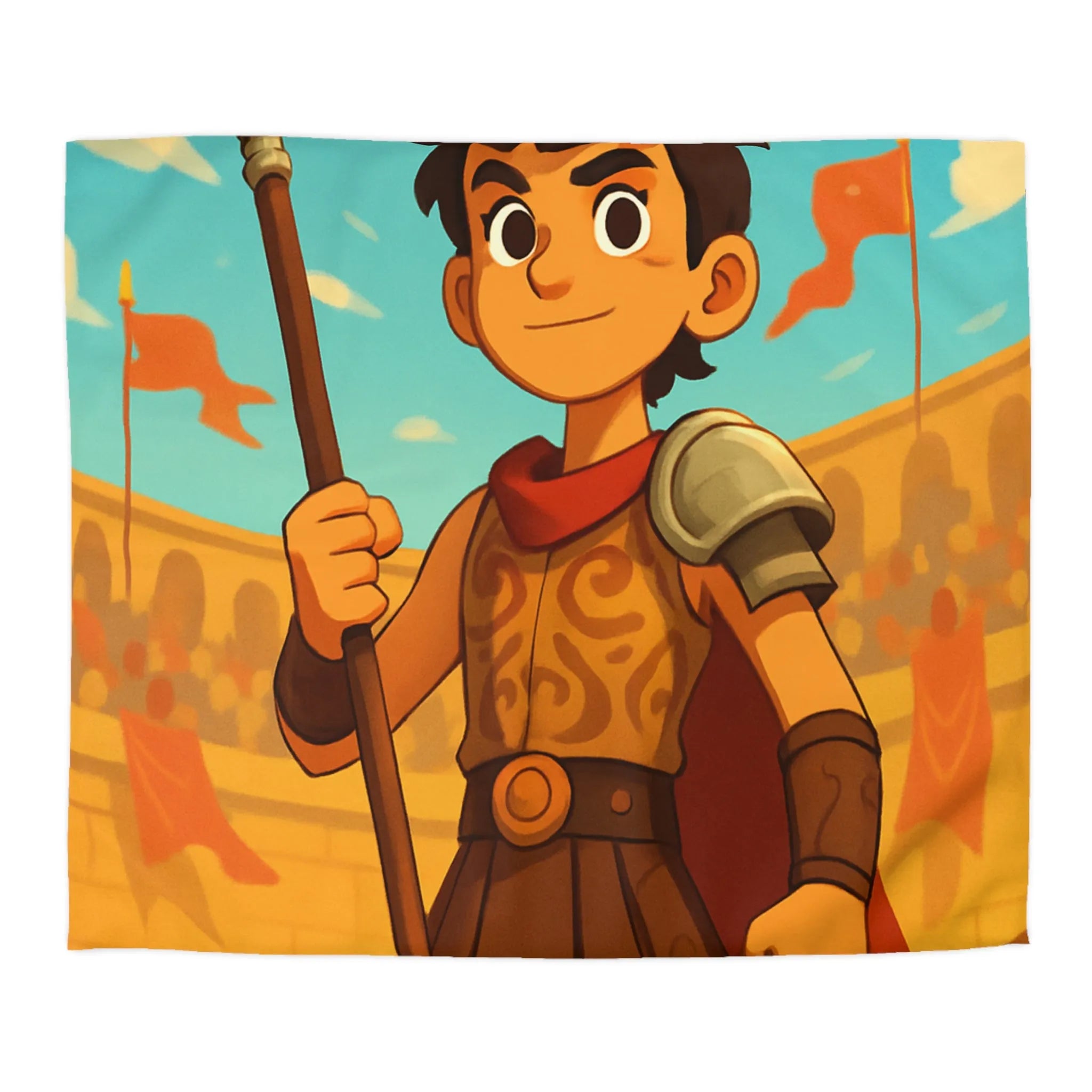 Housse de couette avec jeune guerrier dans une arène antique en journée ensoleillée