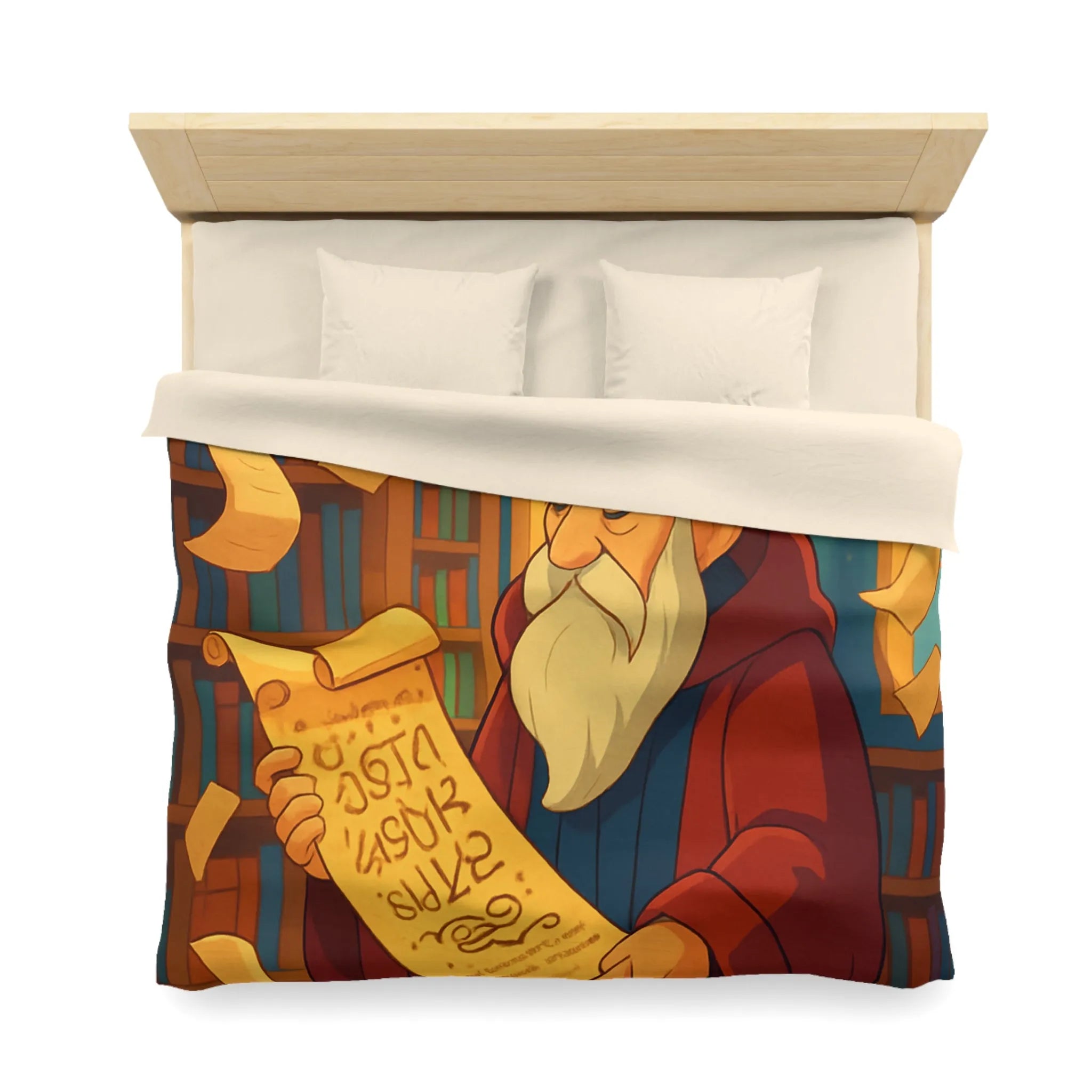 Housse de couette élégante avec design de bibliothèque, parchemins et sage en robe rouge