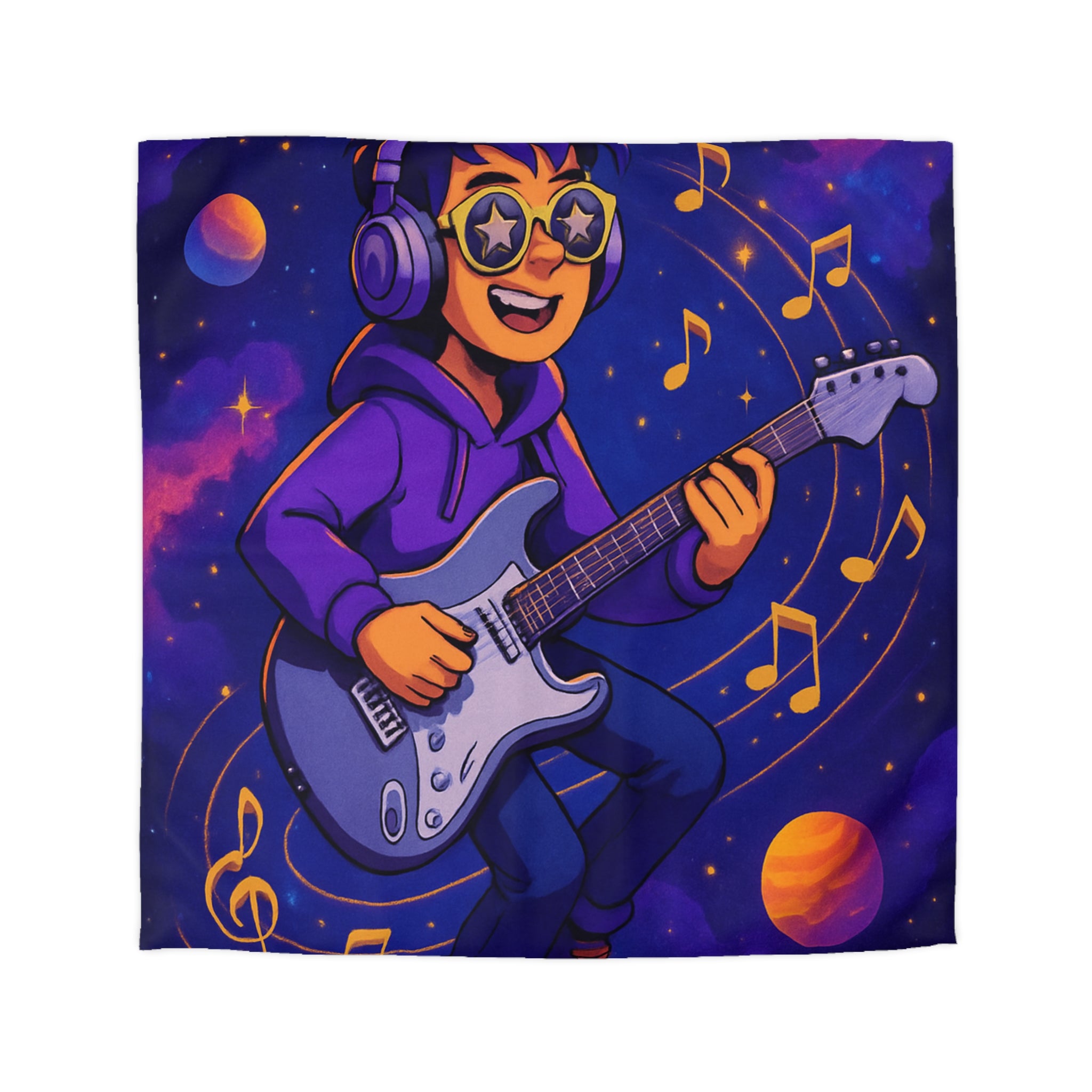Housse de couette musicale avec planète, guitare et ciel cosmique coloré, ambiance rêveuse