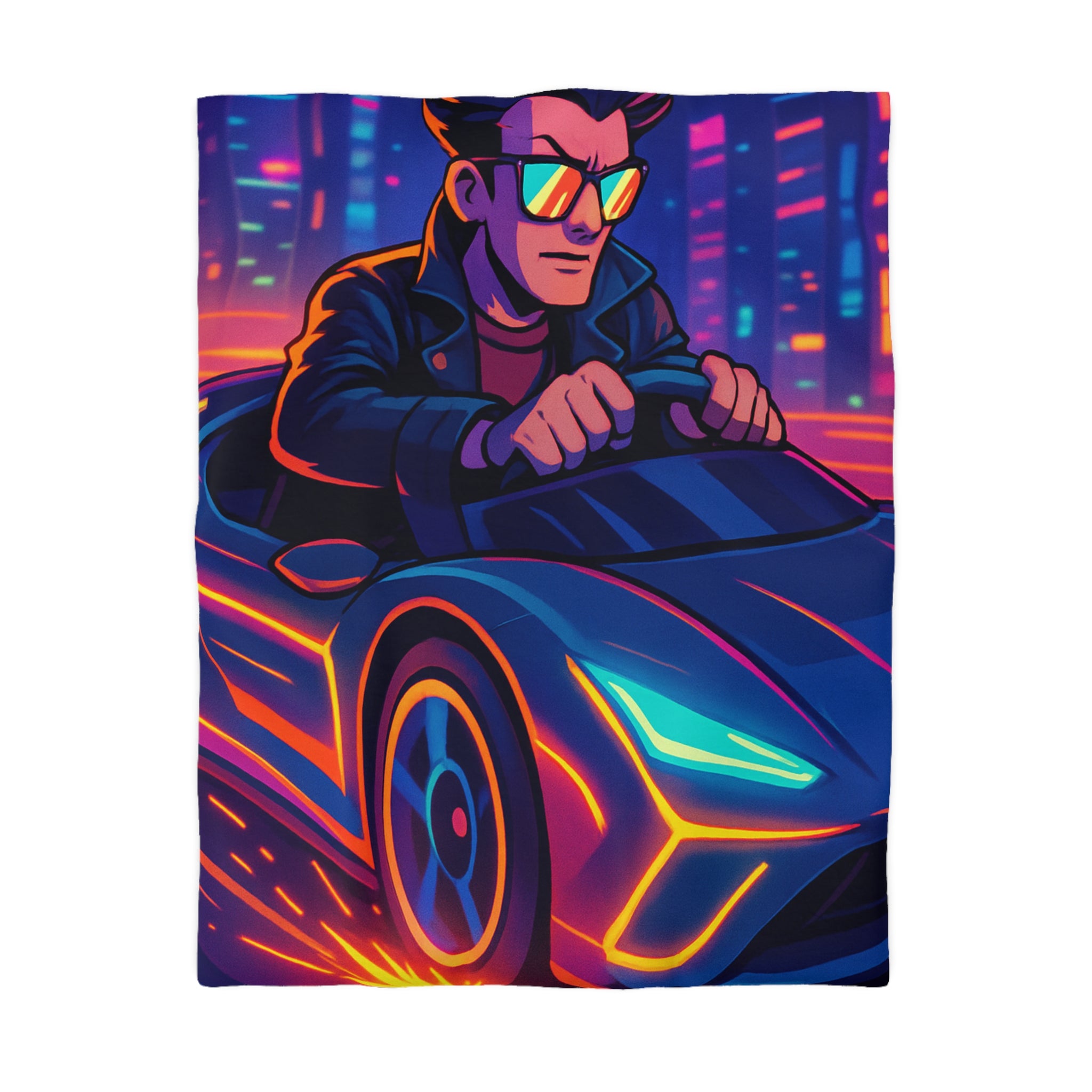 Housse de couette urbaine rétro futuriste avec néons et voiture sportive élégante