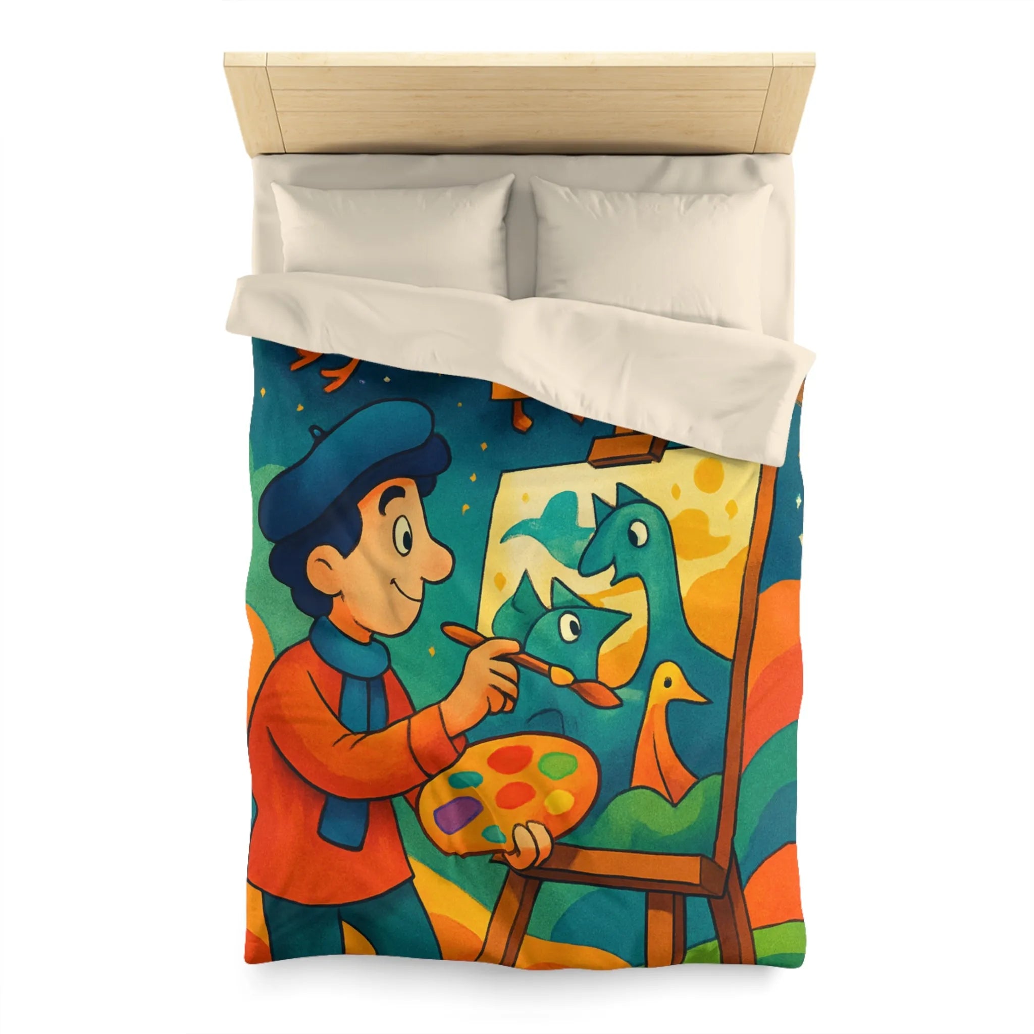 Housse de couette artistique colorée avec peintre et créatures fantaisistes en arrière-plan étoilé