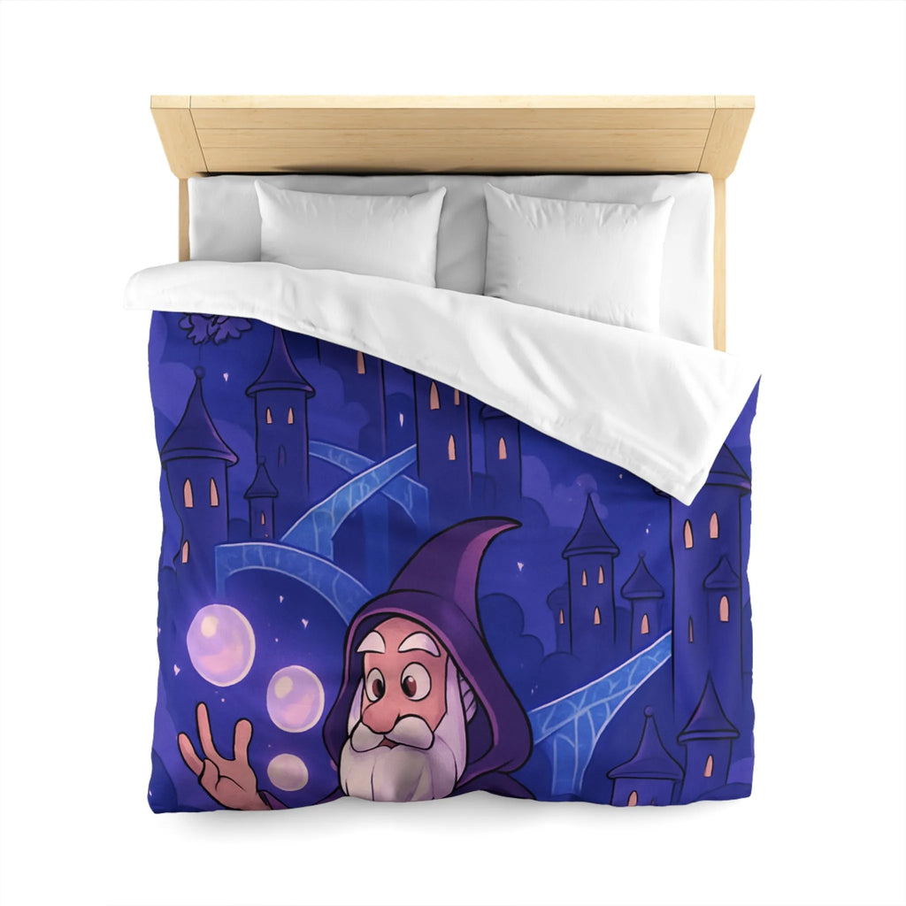 Housse de couette magique avec dragon violet, hiboux et sorcier devant château