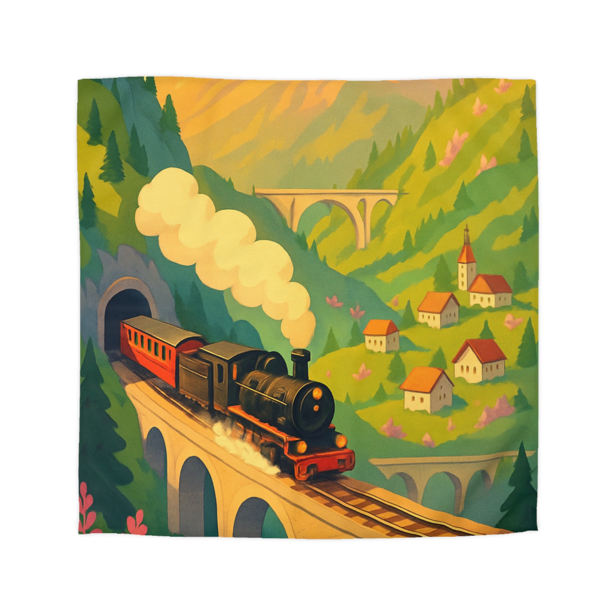 Housse de Couette Vintage Montagne Train Pont Naturelle Ambiance Enchantée Peinture Colorée