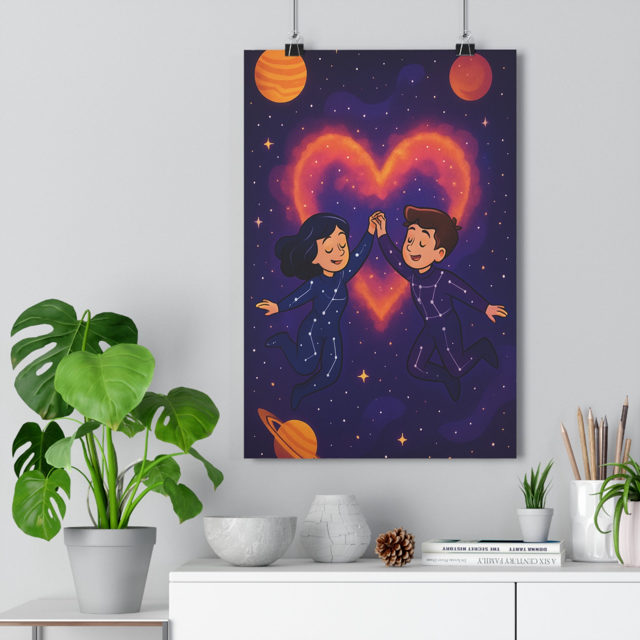 Poster décoratif animé violet orange romantique mystique chambre salon espace couple constellation cœur lumineux