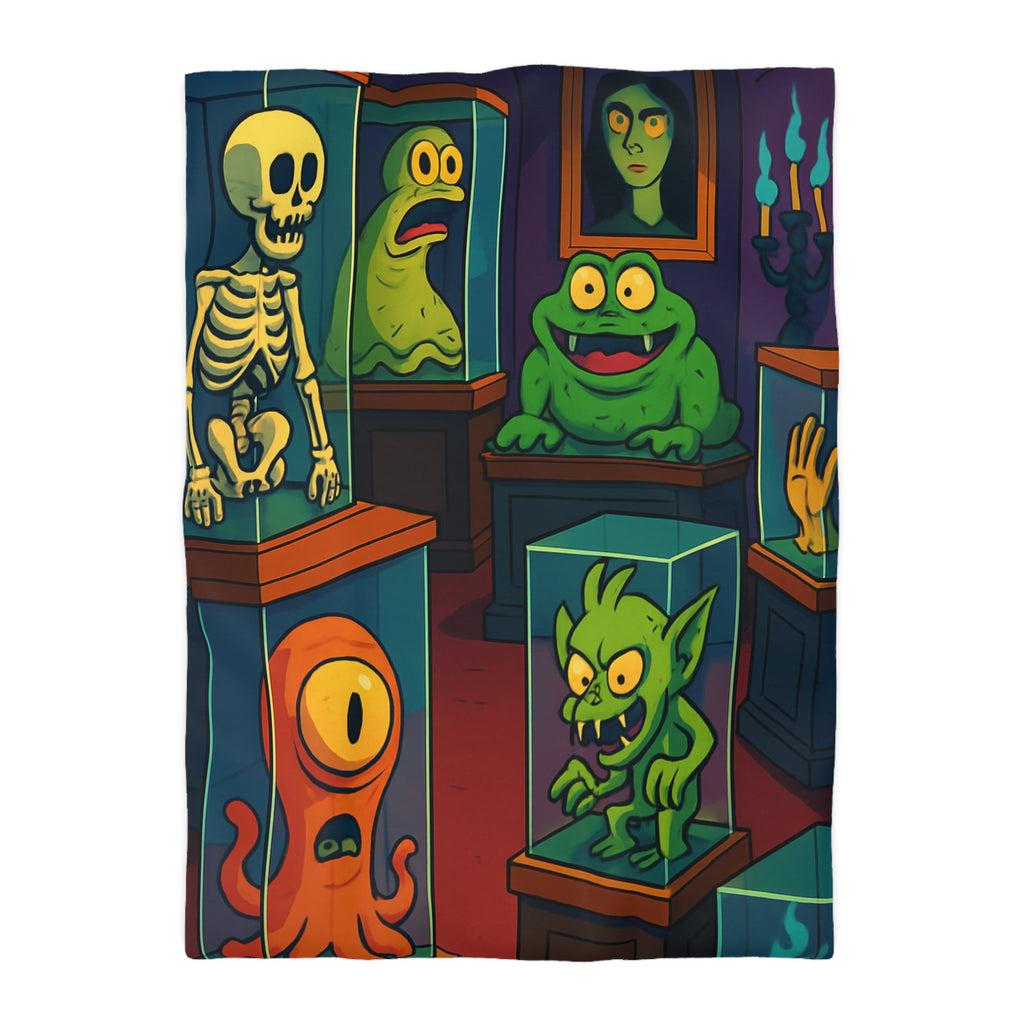 Housse de couette pour enfant avec monstres comiques dans un musée fantaisiste et coloré