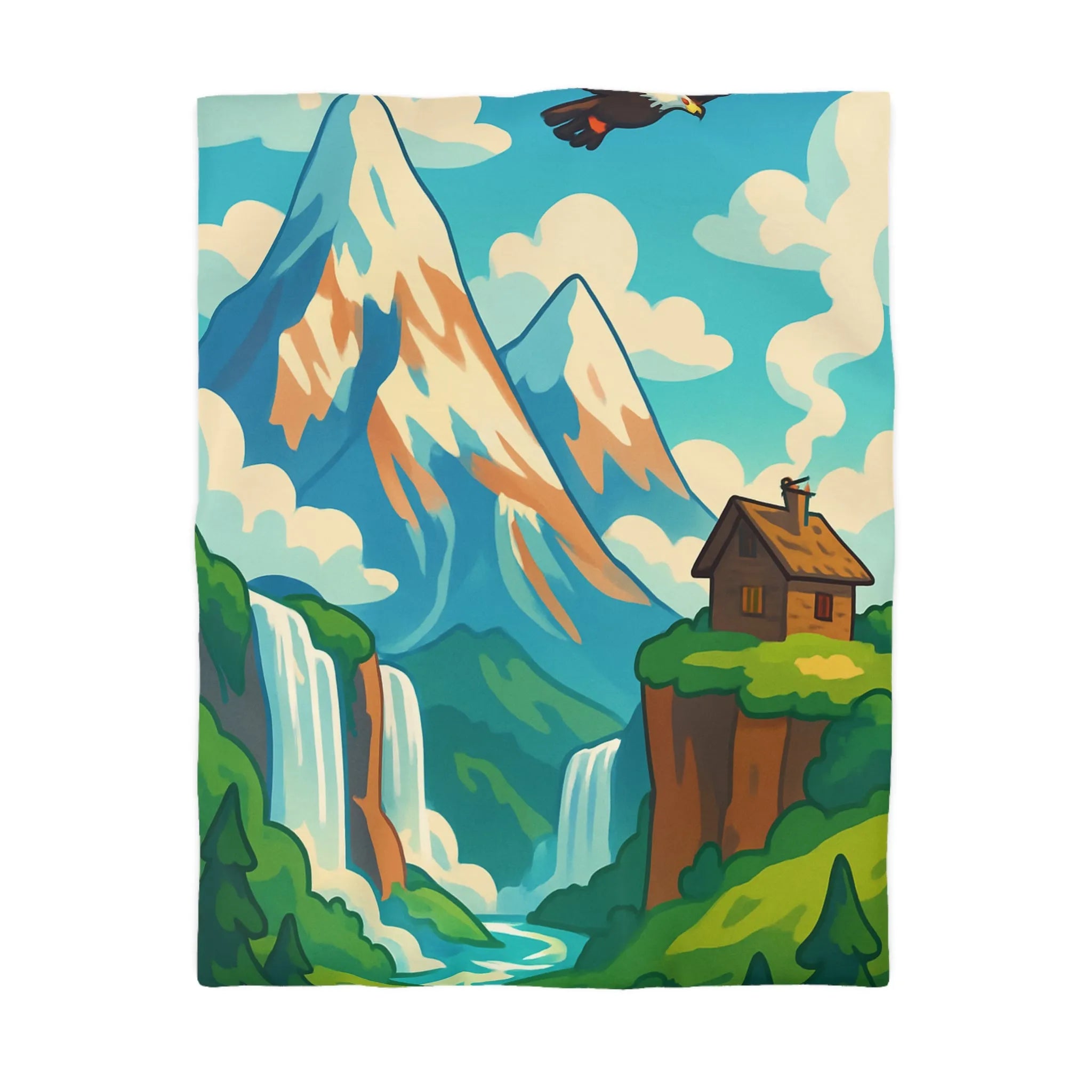 Housse de couette illustrée montagne, aigle majestueux et cascades dans la nature