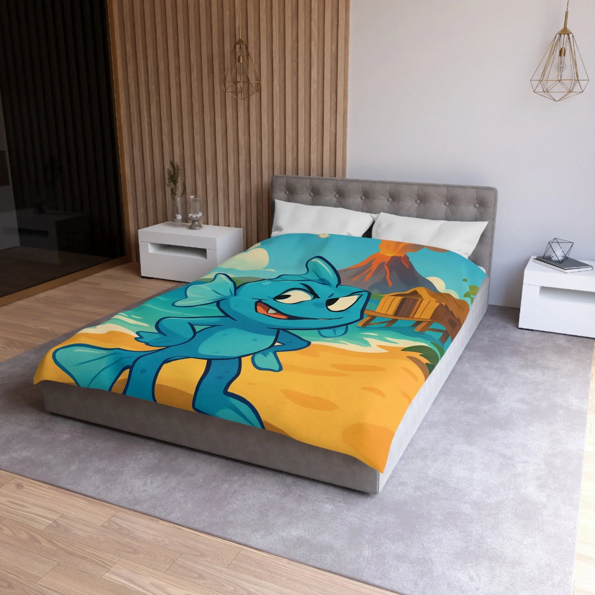 Housse de couette île tropicale avec poisson bleu et volcan en arrière-plan