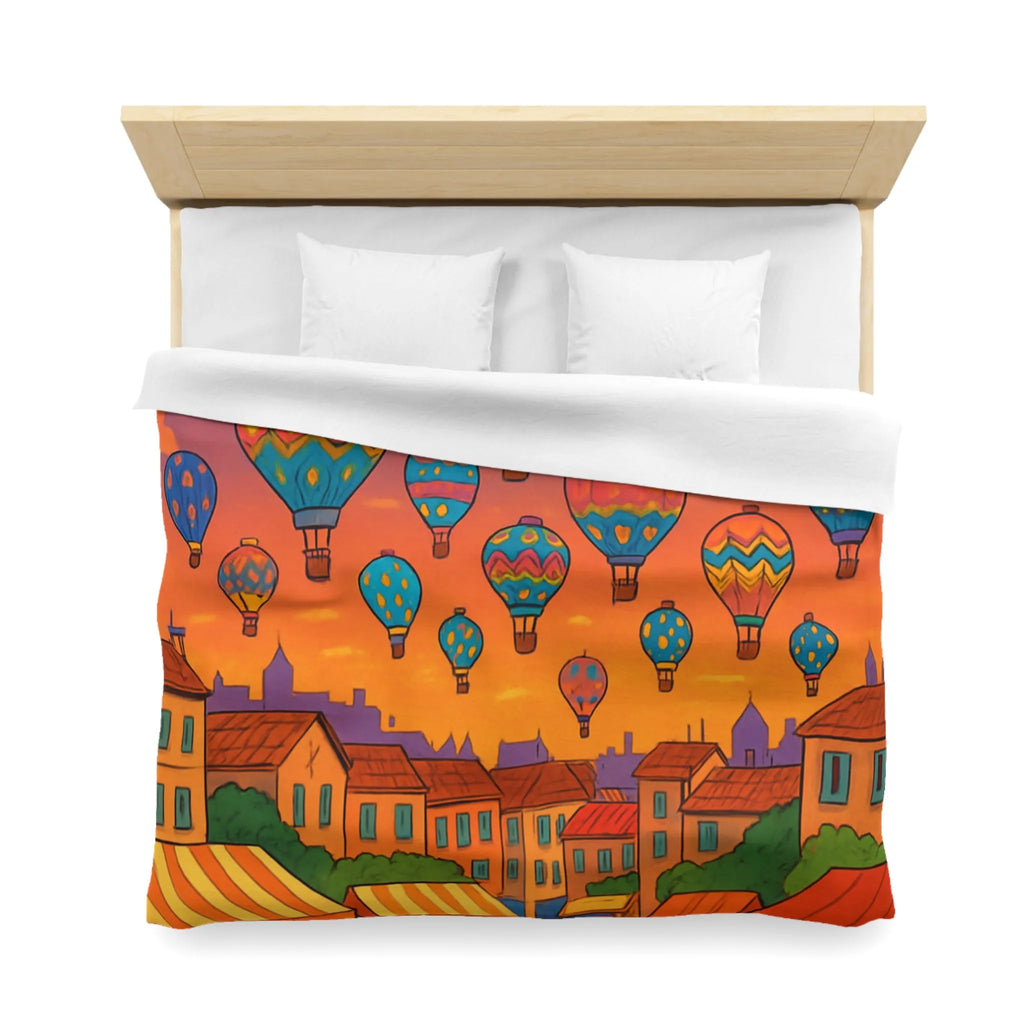 Housse de couette avec montgolfières colorées sur ciel au crépuscule villageois animé