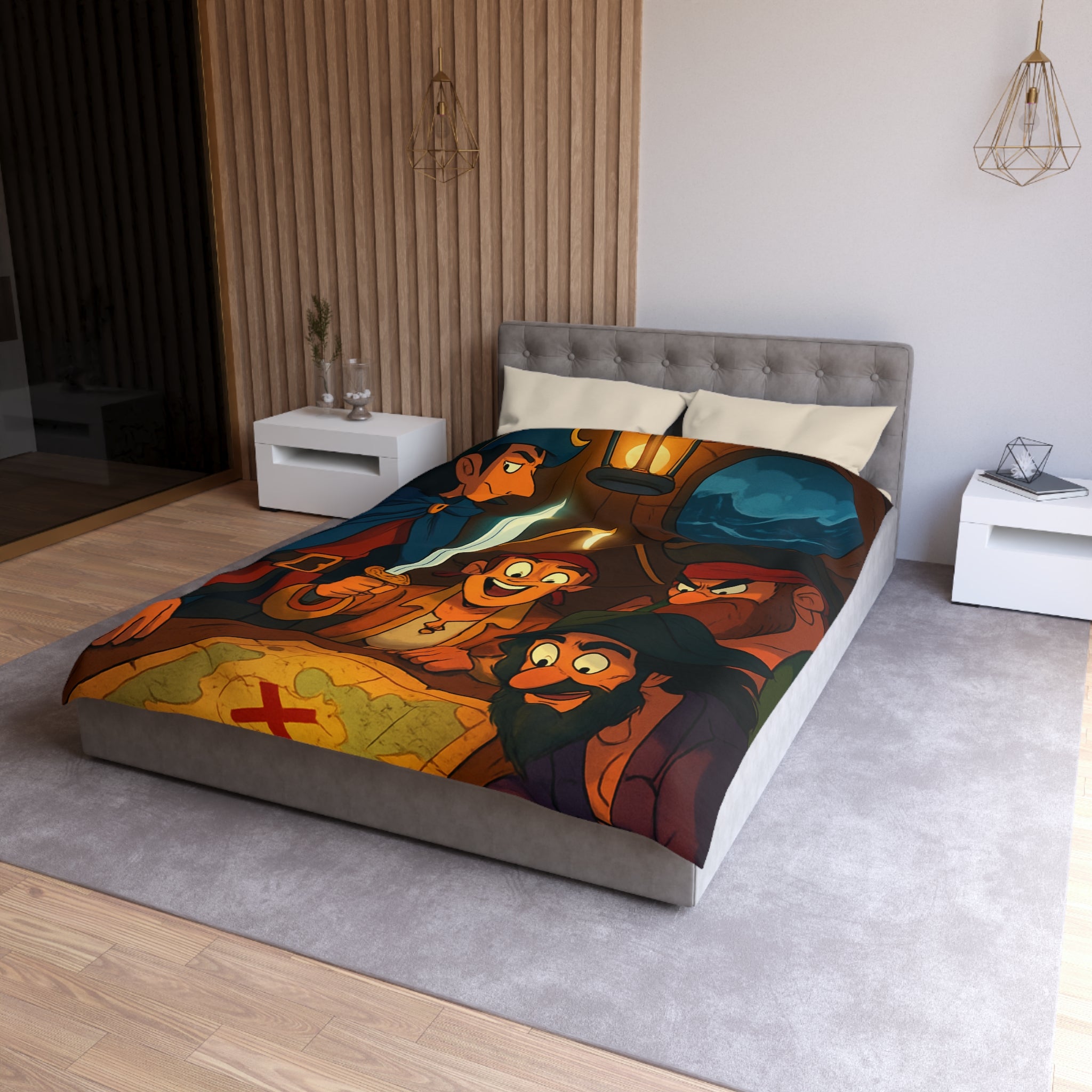 Housse de Couette Pirate Cartoon avec Carte Trésor et Équipage Sous Lampe