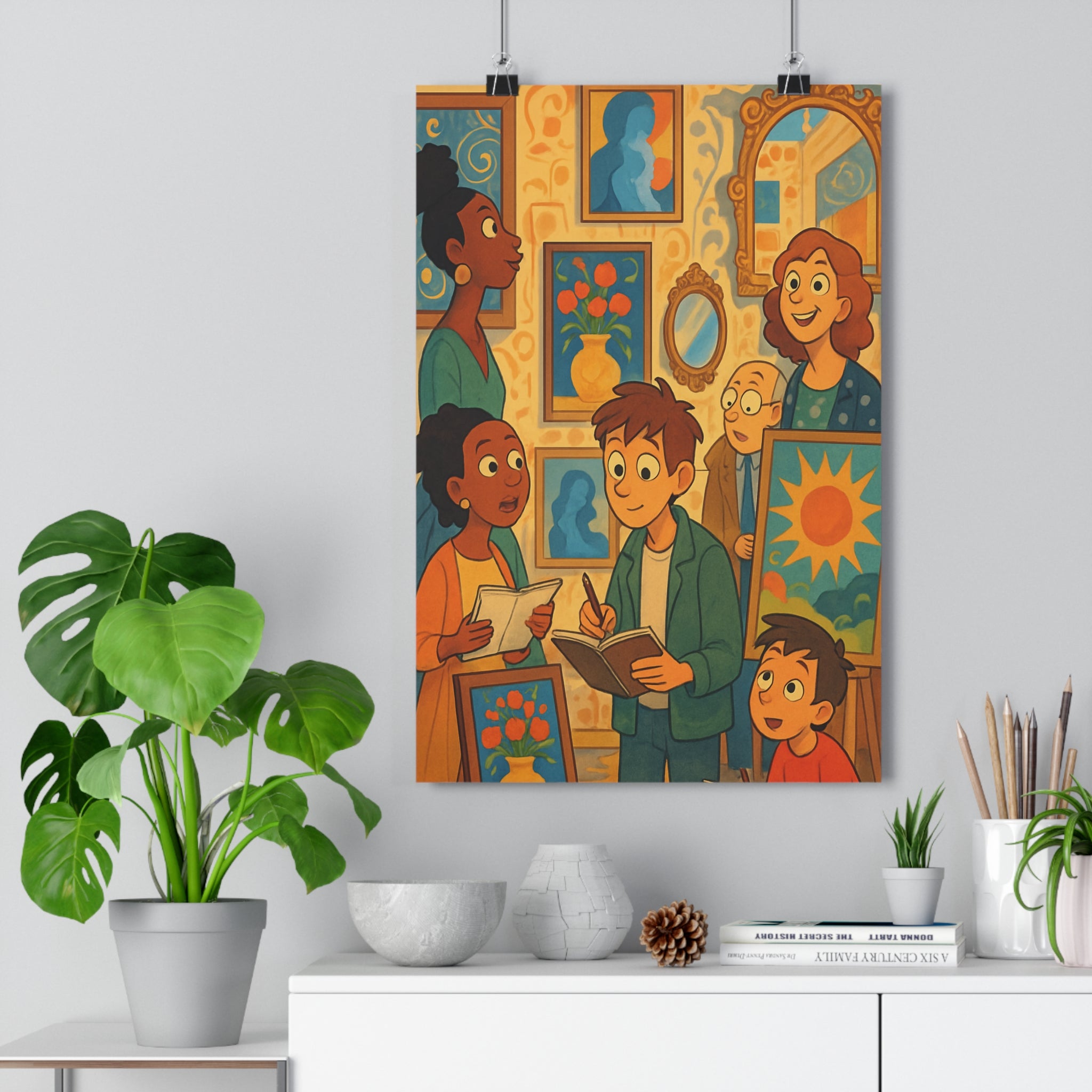 Poster décoratif moderne galerie art parisienne bleu jaune rouge salon chambre élégant accueillant vibrant