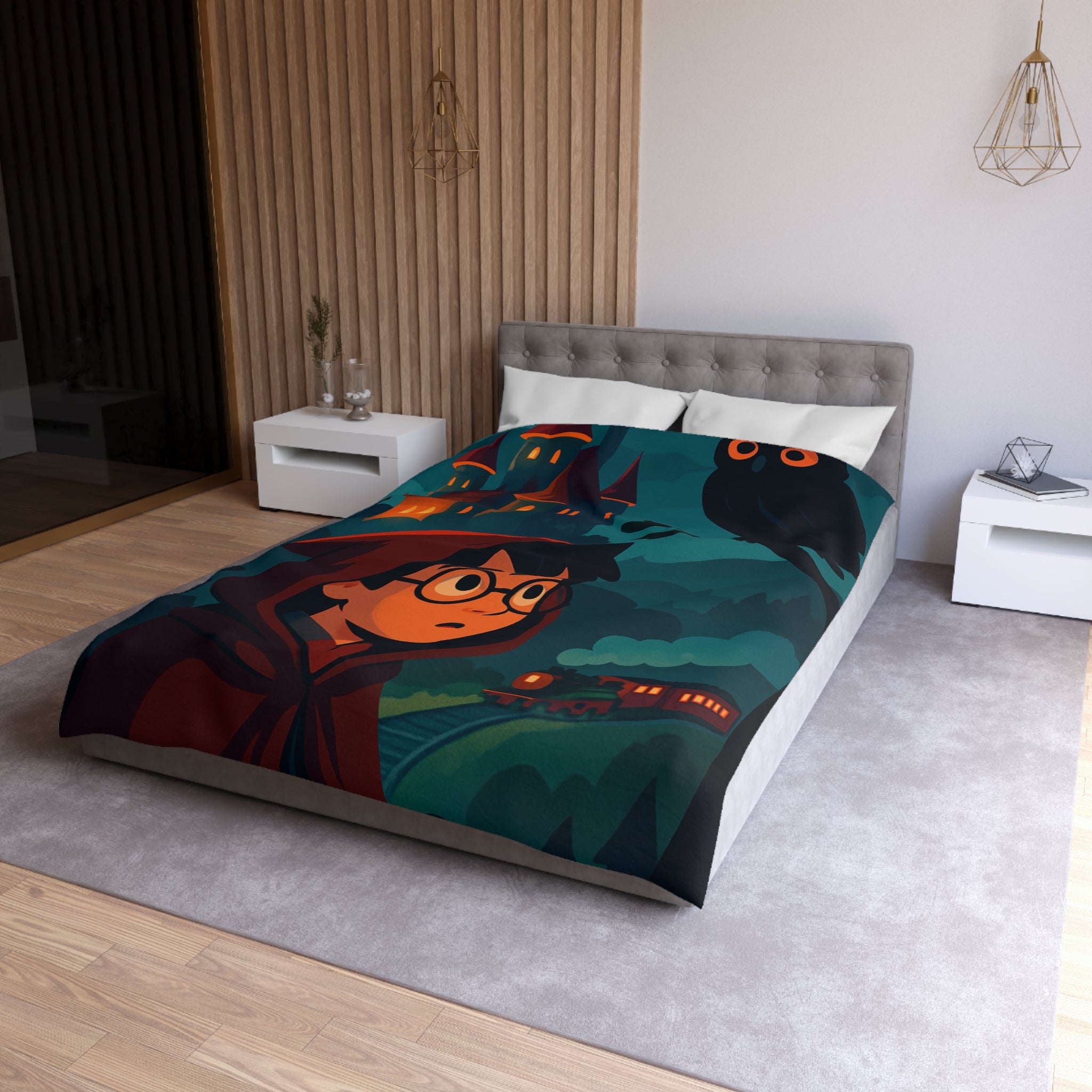 Housse de couette mystique avec château, héros et hibou pour chambre enchantée