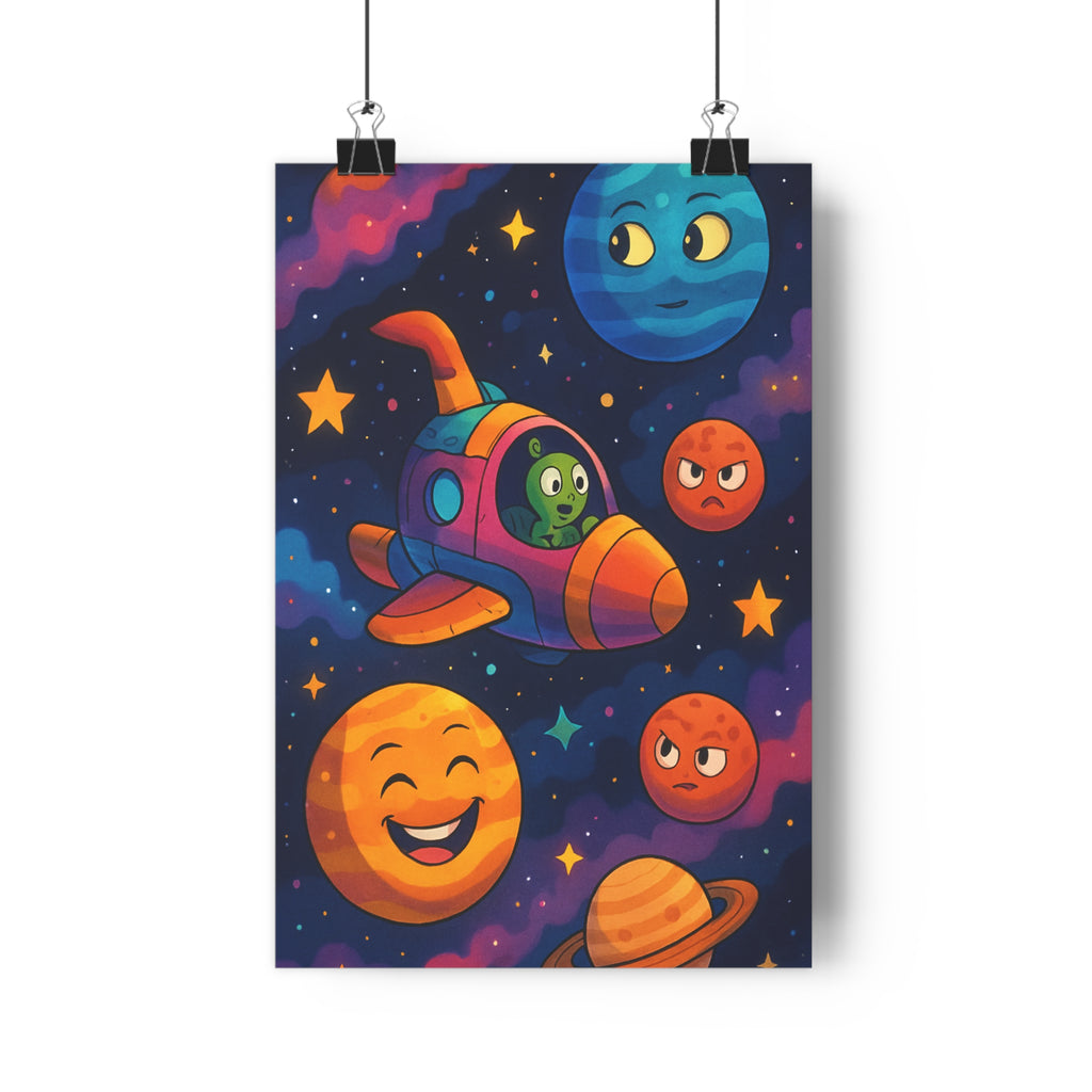 Poster décoratif coloré interstellaire vaisseau spatial extraterrestre vert planètes cartoon joyeux chambre enfant fantaisie