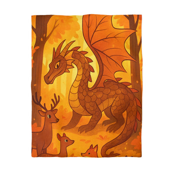 Housse de couette dragon feuille automne avec renards et cerfs en forêt magique