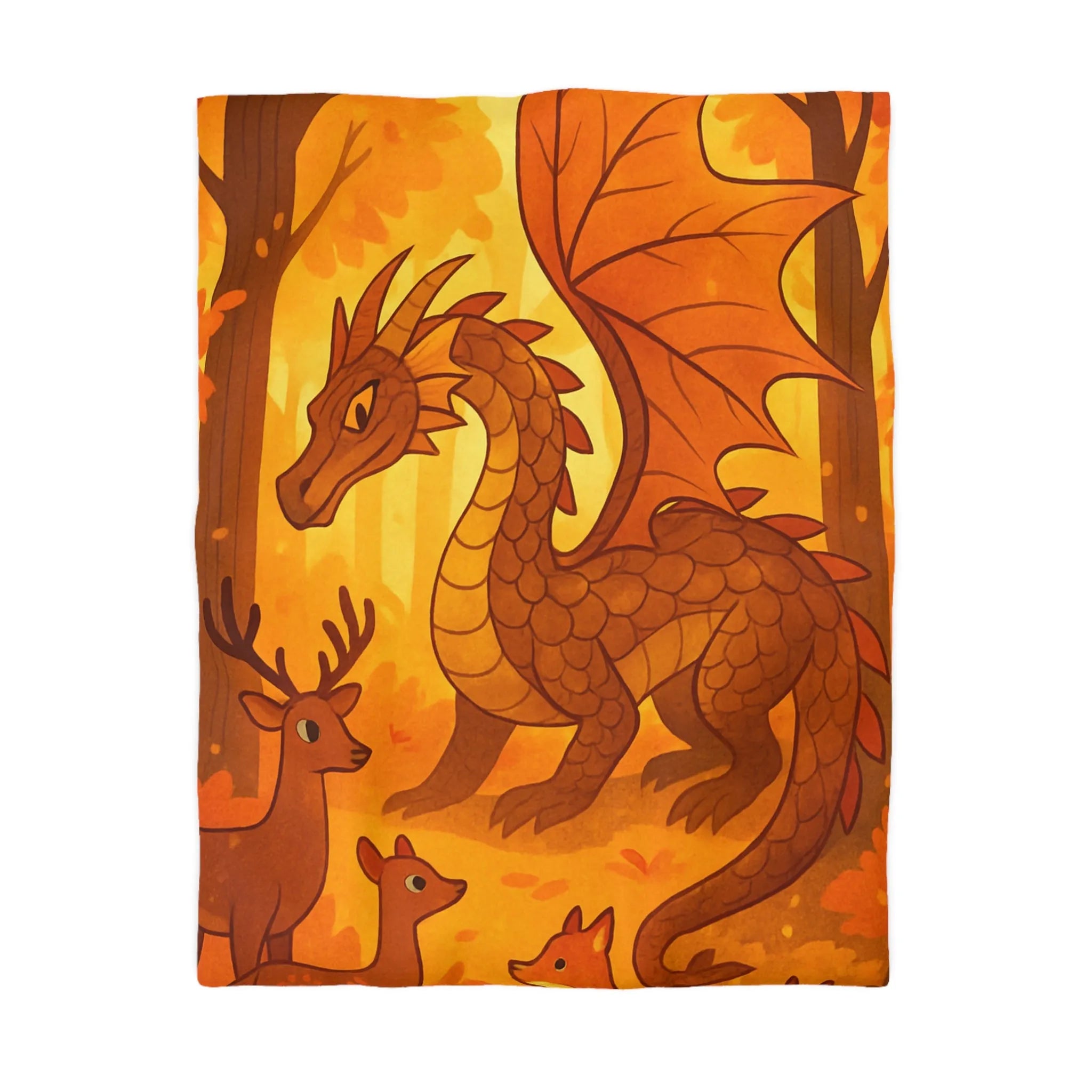Housse de couette dragon feuille automne avec renards et cerfs en forêt magique