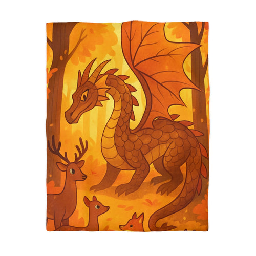 Housse de couette dragon feuille automne avec renards et cerfs en forêt magique