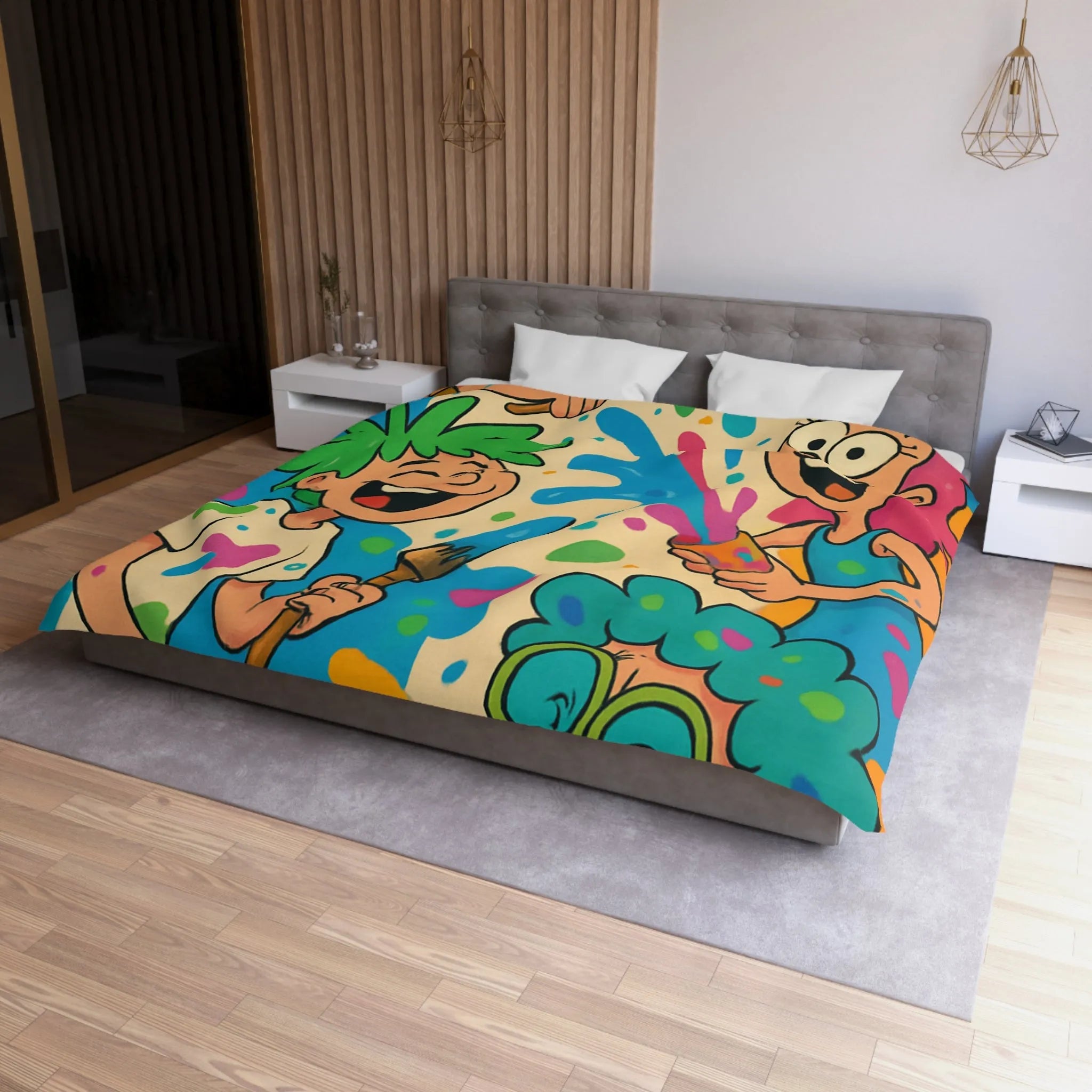 Housse de couette colorée pour enfants avec personnages joyeux et éclaboussures de peinture