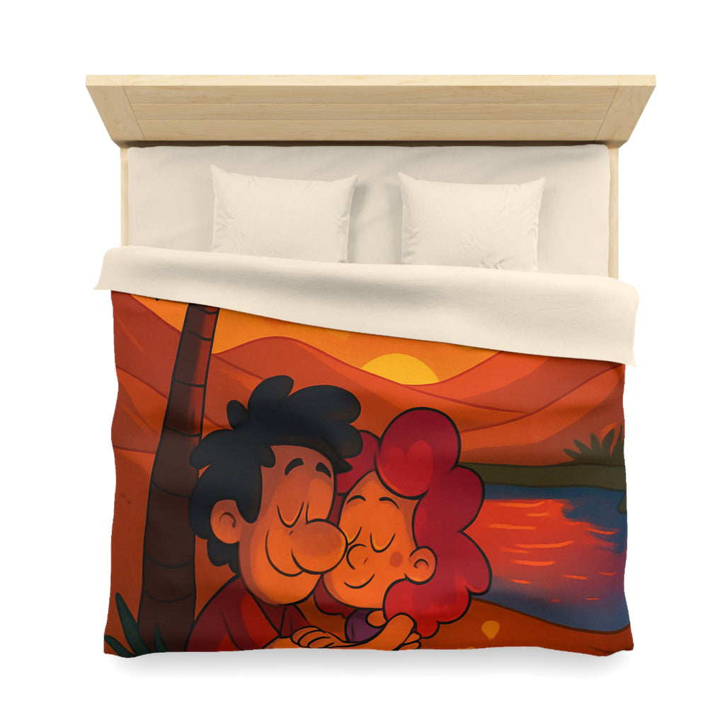 Housse de couette romantique avec couple câlin et coucher de soleil magique désertique