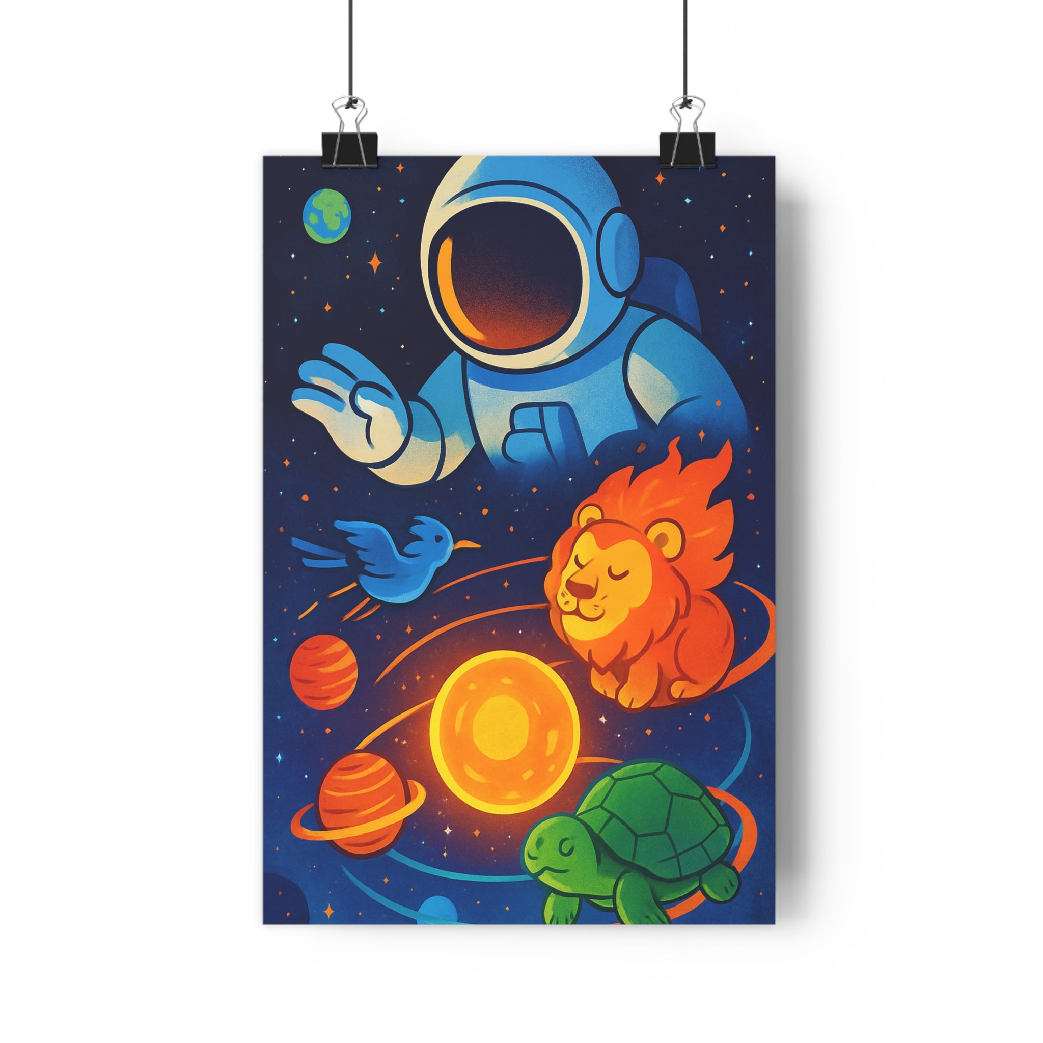 Poster décoratif astronaute cartoon coloré bleu orange vert enfant chambre ludique chaleureux cosmique ambiance