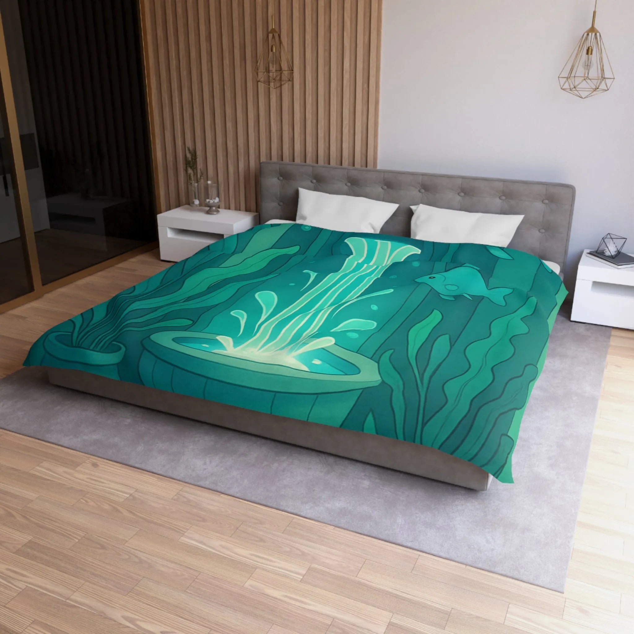 Housse de Couette Art Nouveau Illustrée Fontaine Poissons Teintes Bleues Calmes Décoration Intérieure